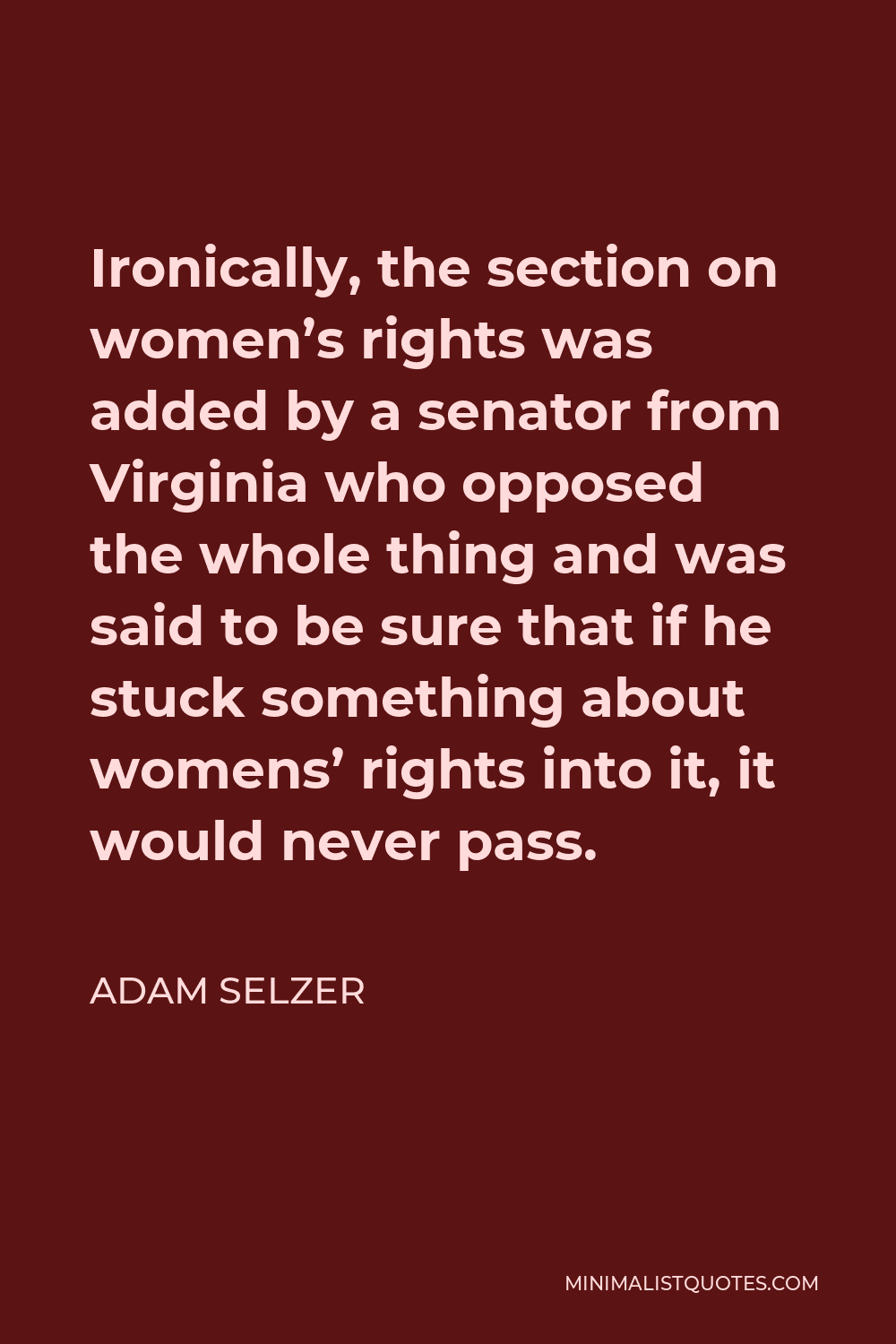 Adam Selzer Quote - Ironically, the section on women’s rights was added by a senator from Virginia who opposed the whole thing and was said to be sure that if he stuck something about womens’ rights into it, it would never pass.
