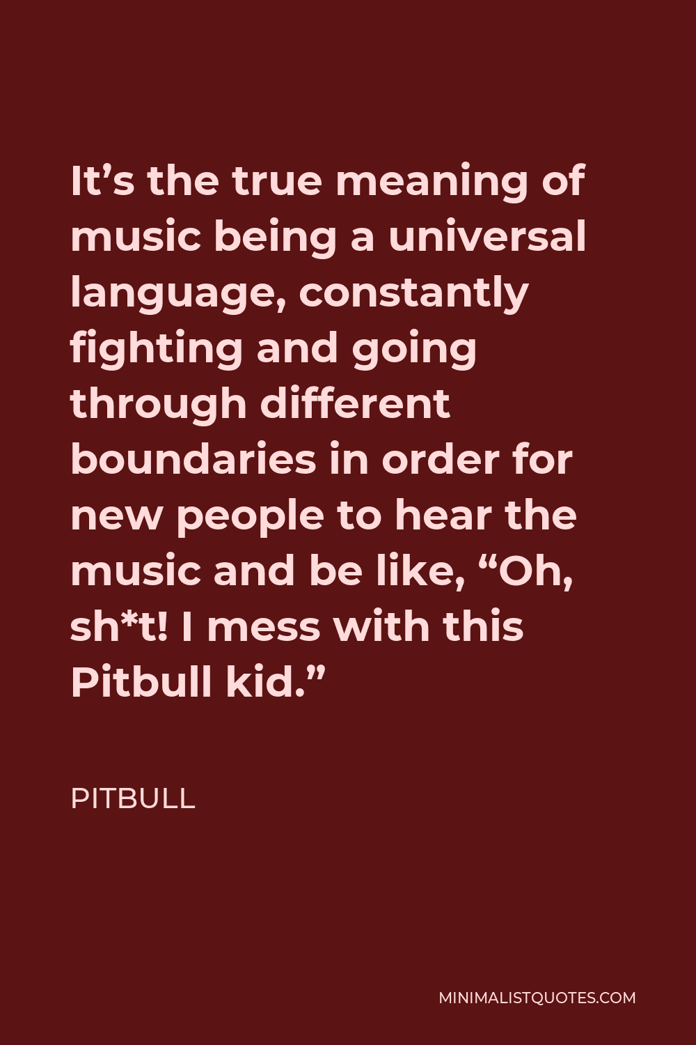 Pitbull Quote - It’s the true meaning of music being a universal language, constantly fighting and going through different boundaries in order for new people to hear the music and be like, “Oh, sh*t! I mess with this Pitbull kid.”
