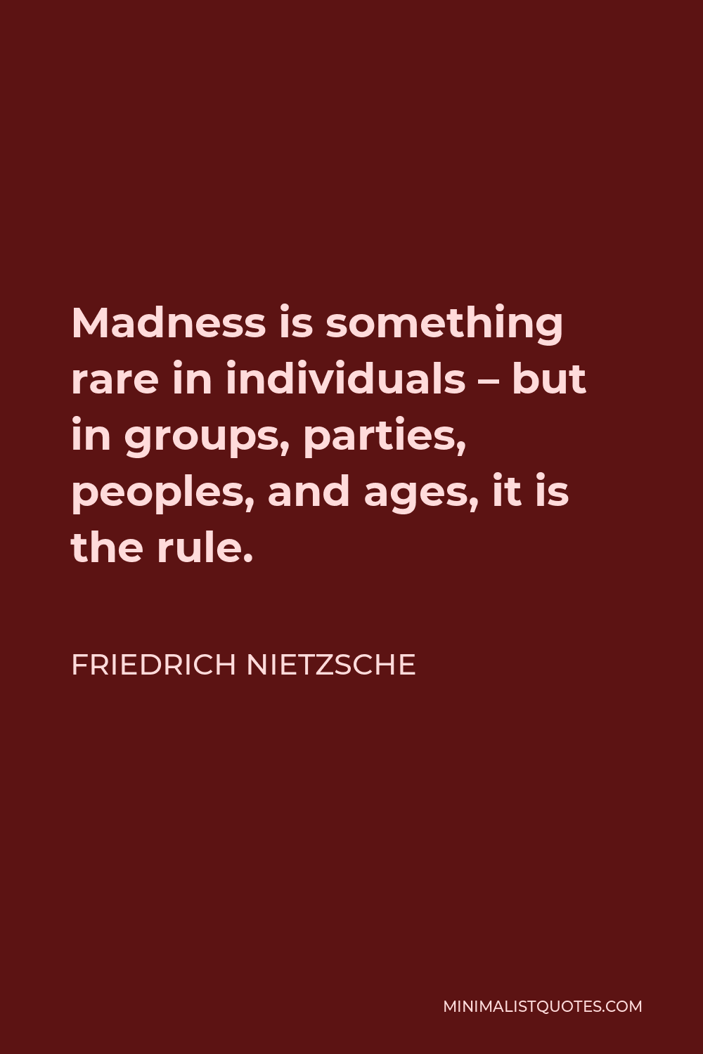 Friedrich Nietzsche Quote - Madness is something rare in individuals – but in groups, parties, peoples, and ages, it is the rule.