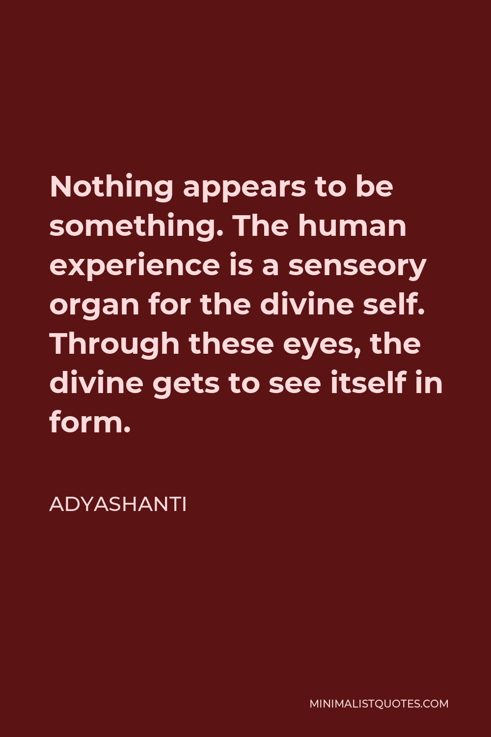 Adyashanti Quote - Nothing appears to be something. The human experience is a senseory organ for the divine self. Through these eyes, the divine gets to see itself in form.