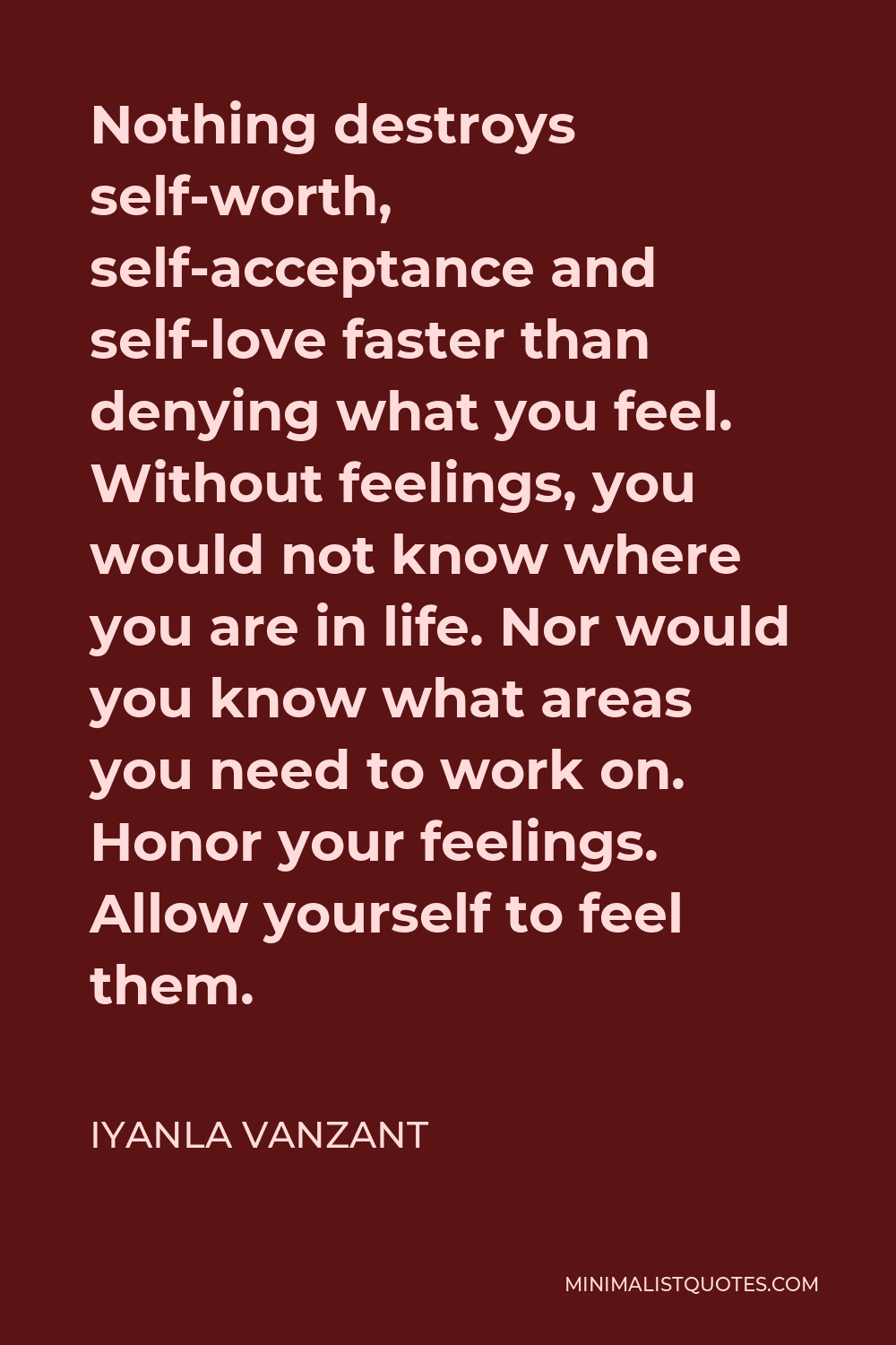 Iyanla Vanzant Quote - Nothing destroys self-worth, self-acceptance and self-love faster than denying what you feel. Without feelings, you would not know where you are in life. Nor would you know what areas you need to work on. Honor your feelings. Allow yourself to feel them.