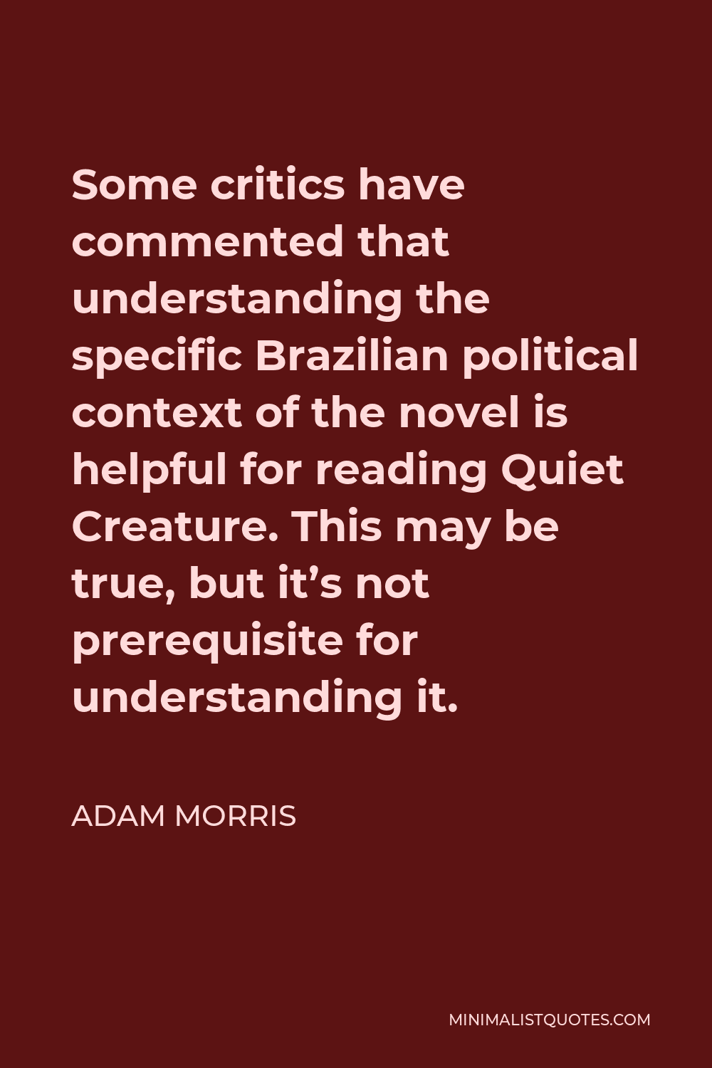 Adam Morris Quote - Some critics have commented that understanding the specific Brazilian political context of the novel is helpful for reading Quiet Creature. This may be true, but it’s not prerequisite for understanding it.