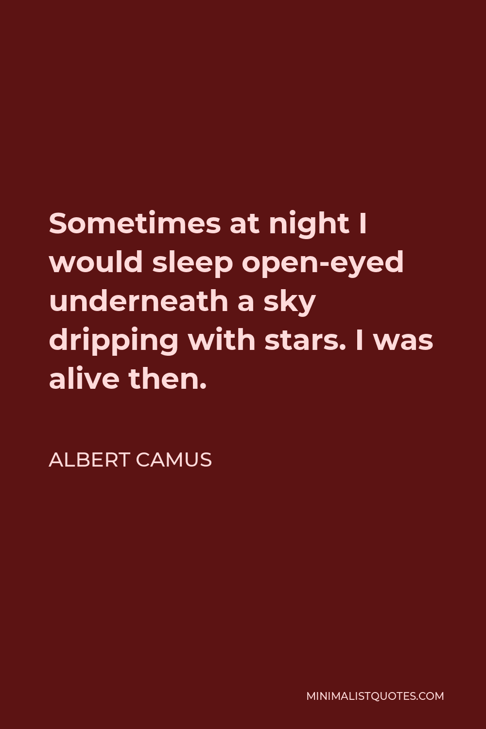 Albert Camus Quote - Sometimes at night I would sleep open-eyed underneath a sky dripping with stars. I was alive then.