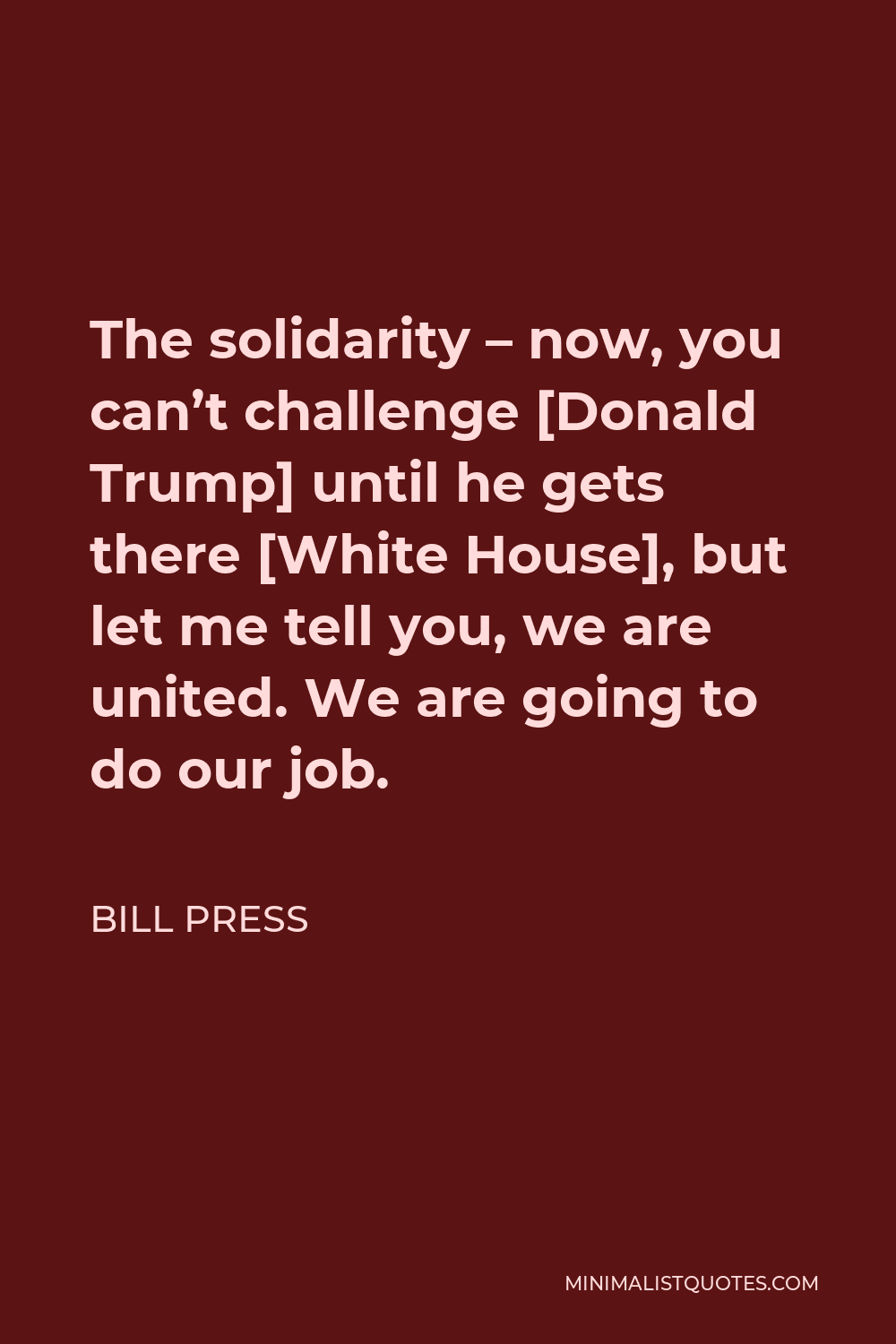 Bill Press Quote - The solidarity – now, you can’t challenge [Donald Trump] until he gets there [White House], but let me tell you, we are united. We are going to do our job.