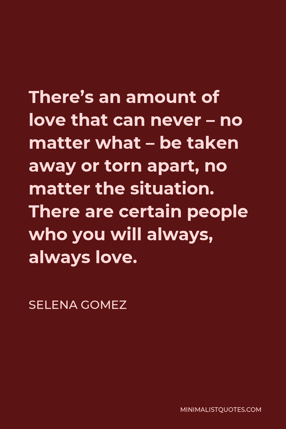 Selena Gomez Quote - There’s an amount of love that can never – no matter what – be taken away or torn apart, no matter the situation. There are certain people who you will always, always love.