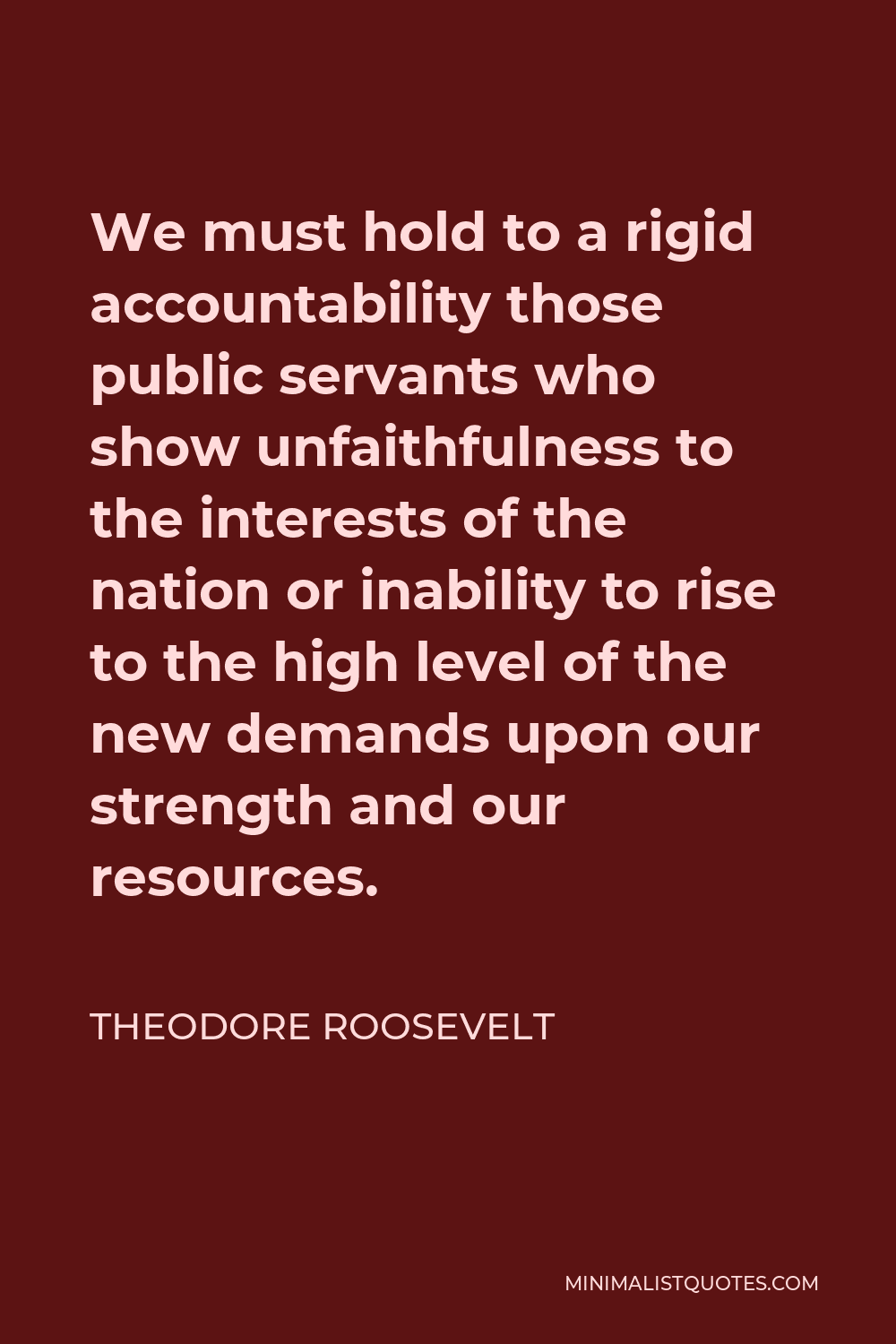 Theodore Roosevelt Quote - We must hold to a rigid accountability those public servants who show unfaithfulness to the interests of the nation or inability to rise to the high level of the new demands upon our strength and our resources.