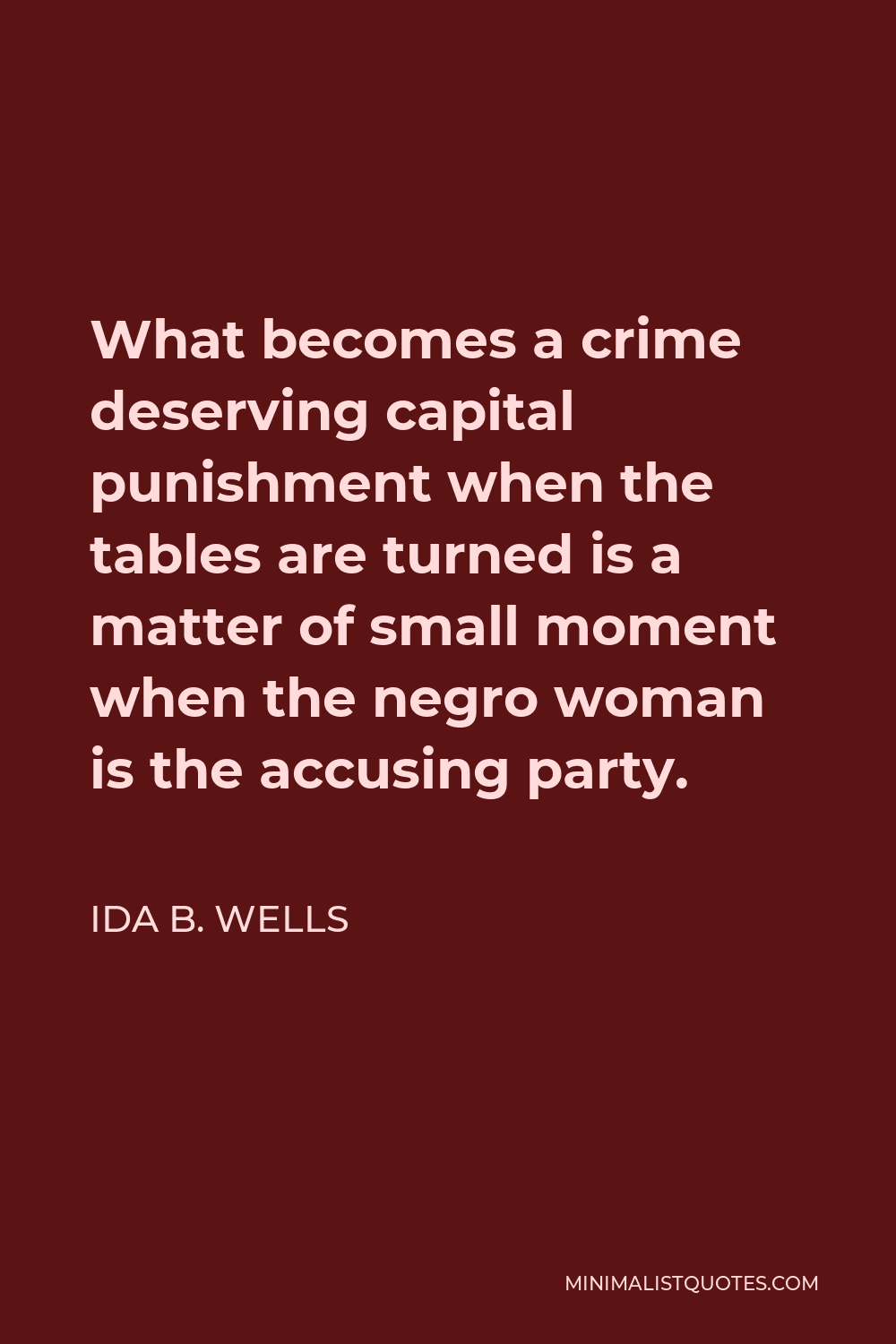 Ida B. Wells Quote - What becomes a crime deserving capital punishment when the tables are turned is a matter of small moment when the negro woman is the accusing party.