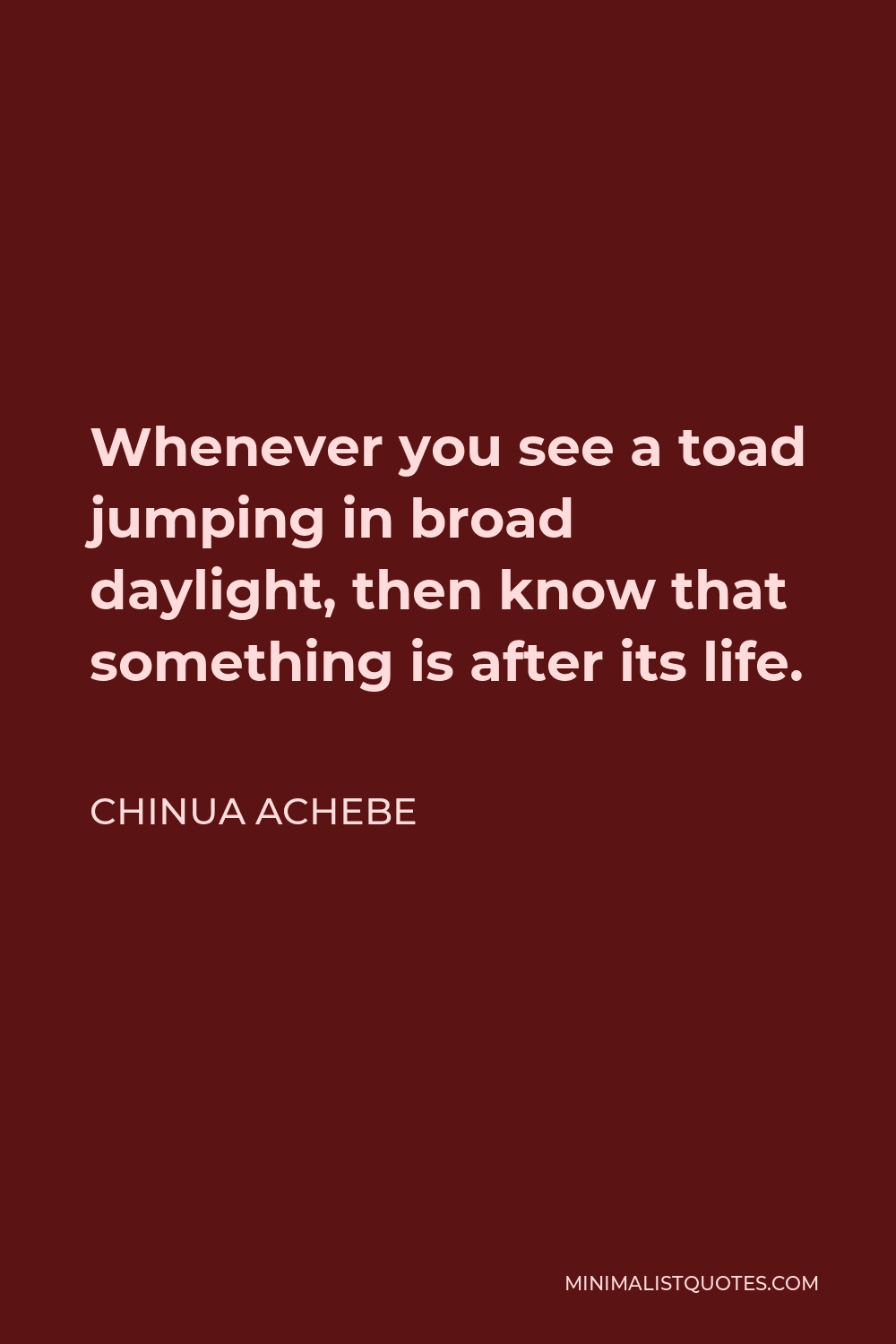 Chinua Achebe Quote - Whenever you see a toad jumping in broad daylight, then know that something is after its life.