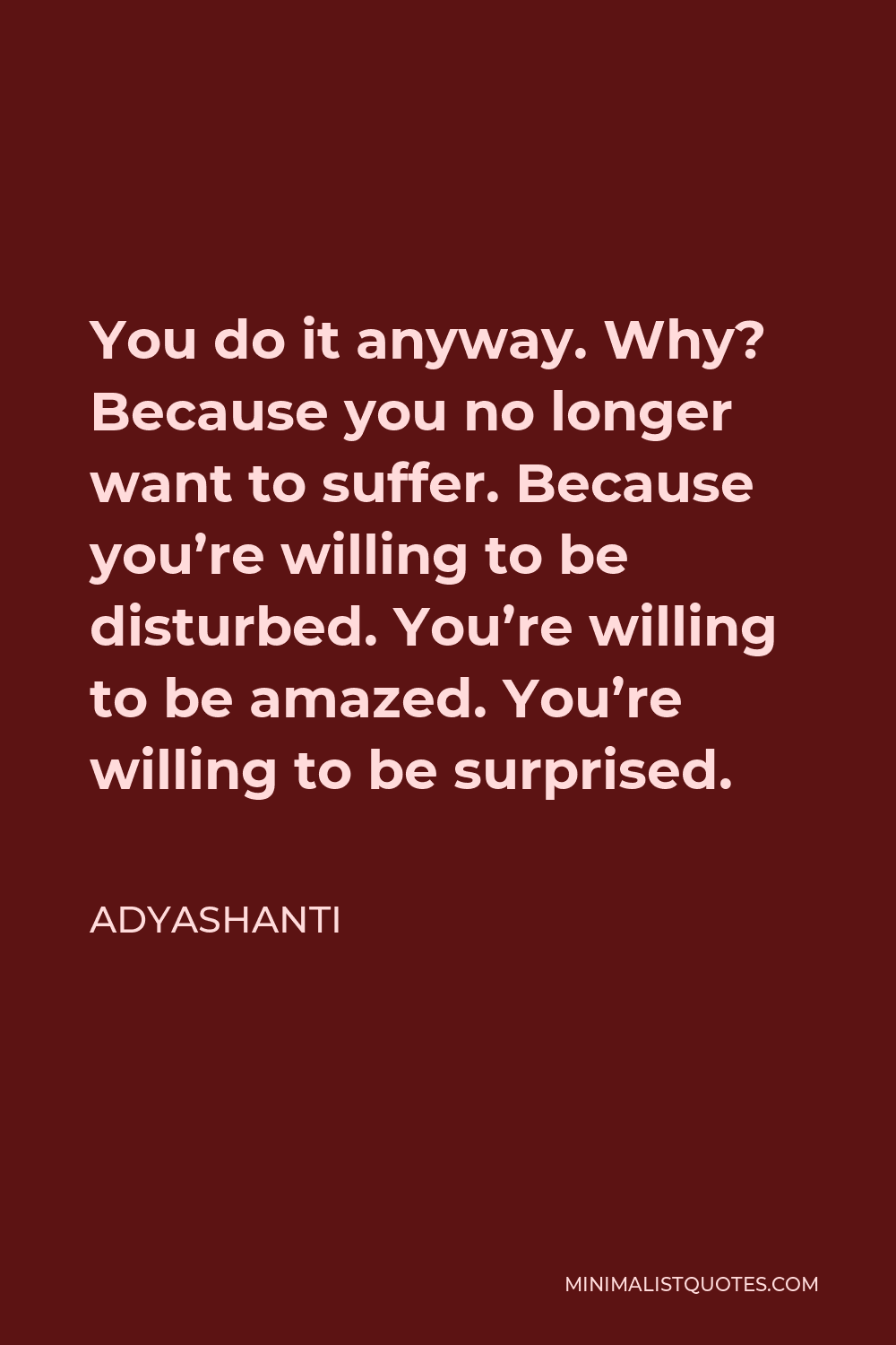 Adyashanti Quote - You do it anyway. Why? Because you no longer want to suffer. Because you’re willing to be disturbed. You’re willing to be amazed. You’re willing to be surprised.