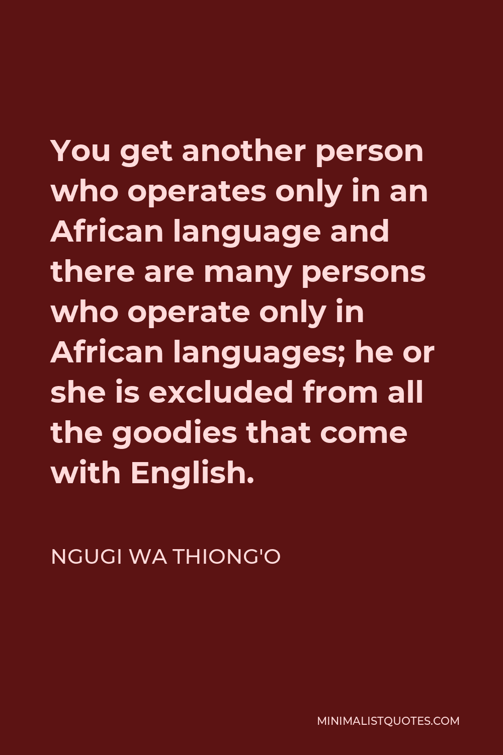 Ngugi wa Thiong'o Quote - You get another person who operates only in an African language and there are many persons who operate only in African languages; he or she is excluded from all the goodies that come with English.