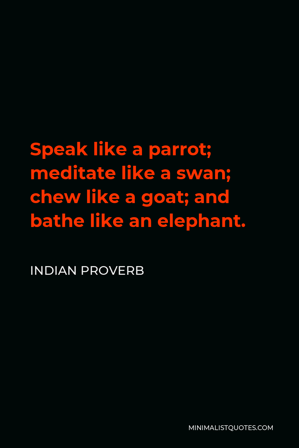 Indian Proverb Quote - Speak like a parrot; meditate like a swan; chew like a goat; and bathe like an elephant.