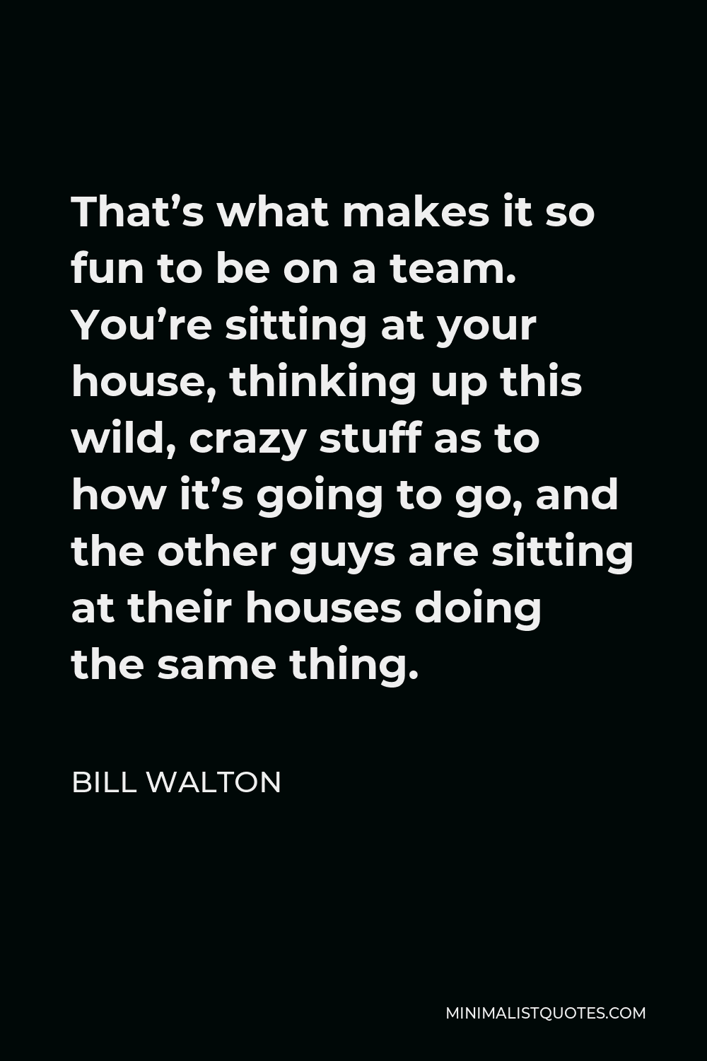 Bill Walton Quote - That’s what makes it so fun to be on a team. You’re sitting at your house, thinking up this wild, crazy stuff as to how it’s going to go, and the other guys are sitting at their houses doing the same thing.