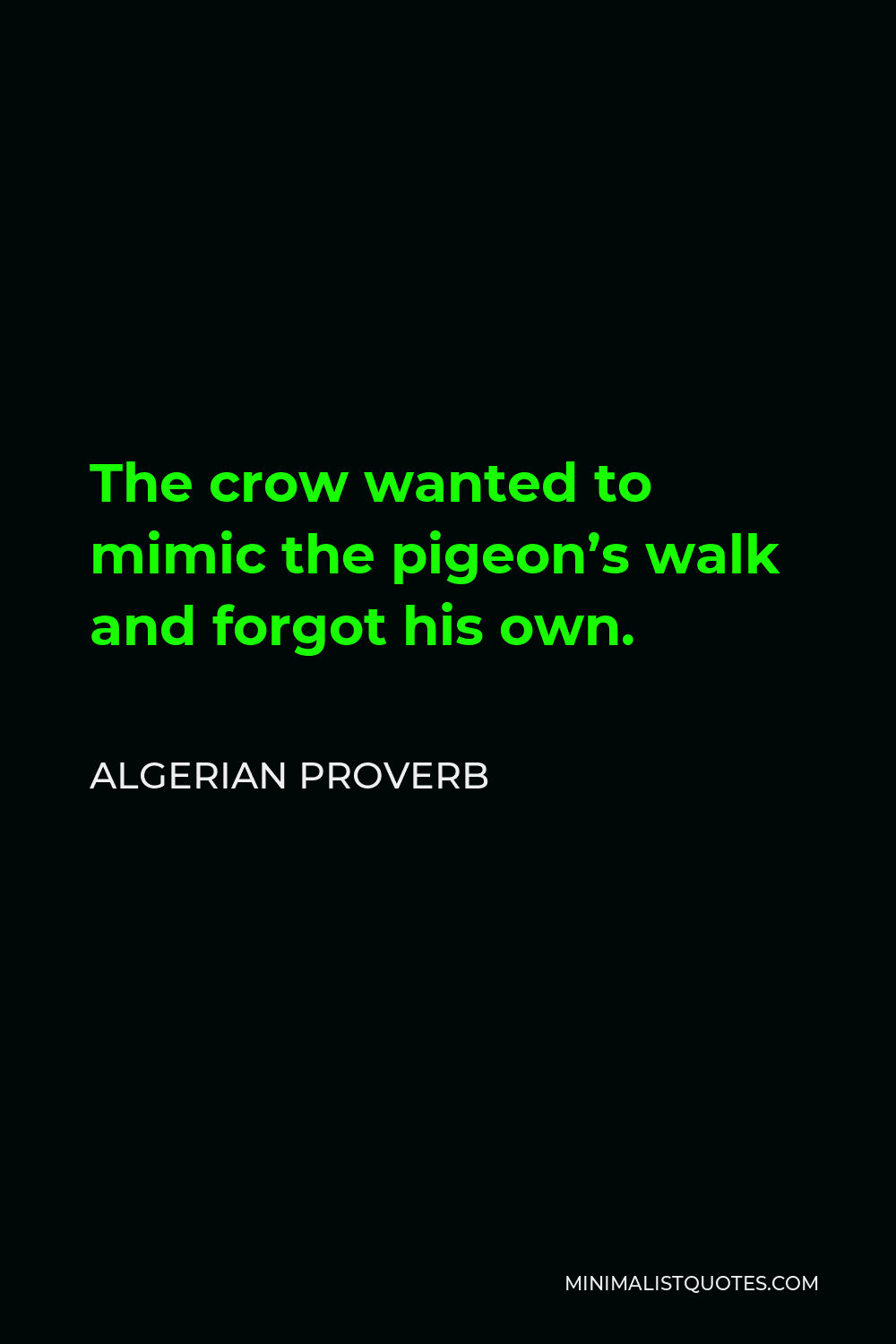 Algerian Proverb Quote - The crow wanted to mimic the pigeon’s walk and forgot his own.