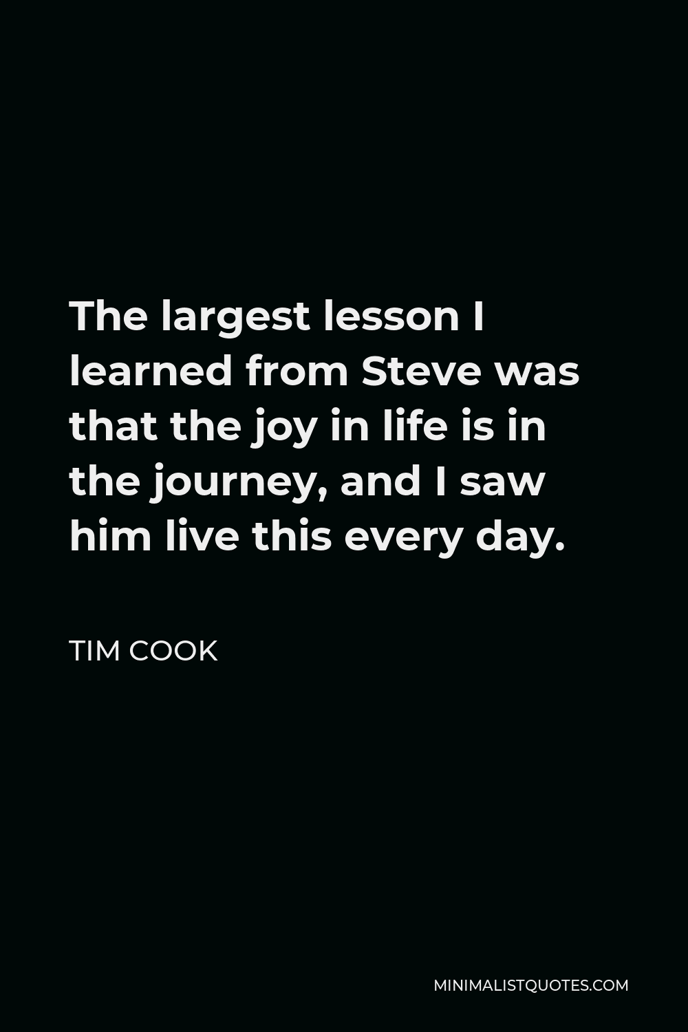Tim Cook Quote - The largest lesson I learned from Steve was that the joy in life is in the journey, and I saw him live this every day.