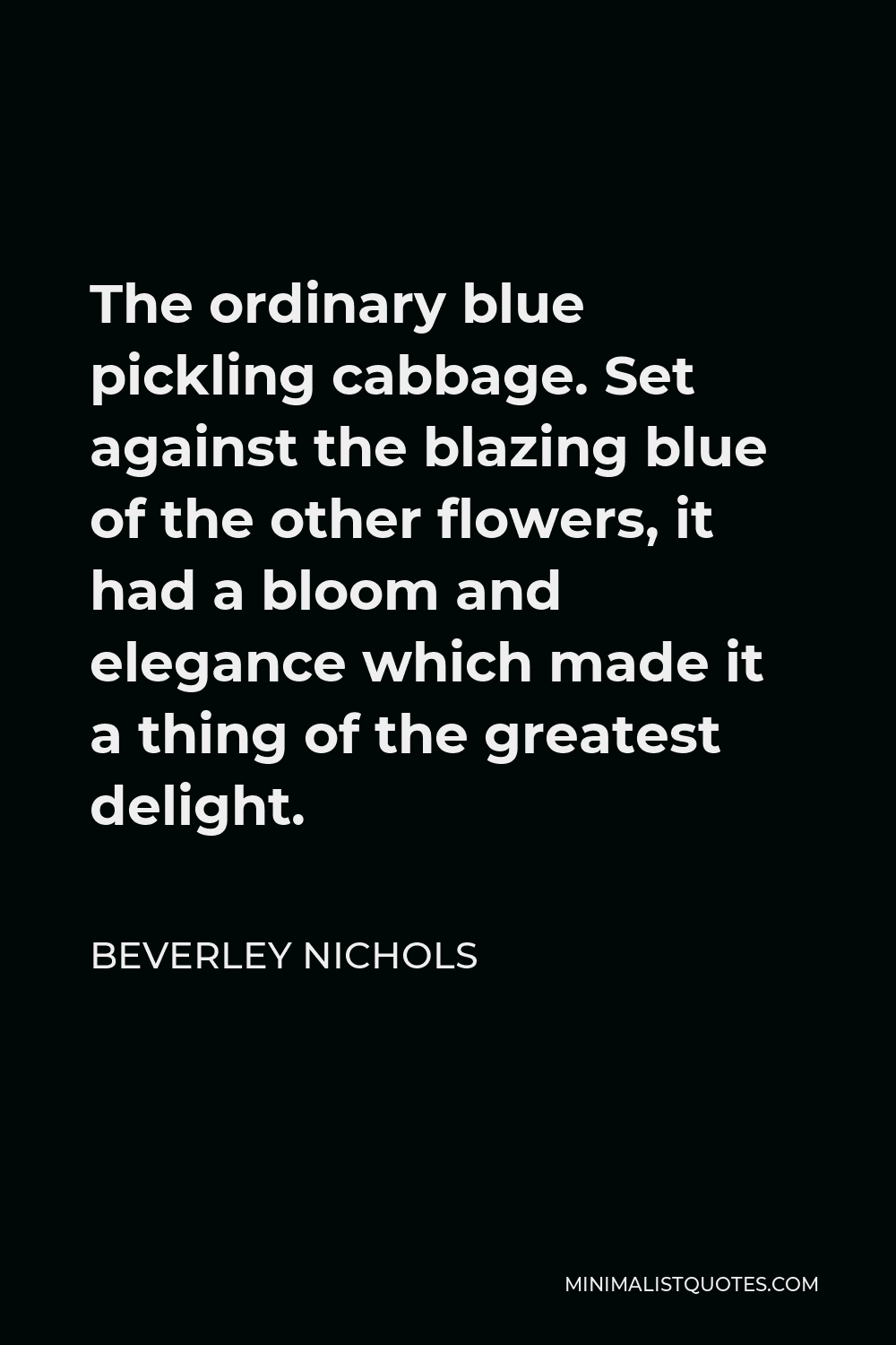 Beverley Nichols Quote - The ordinary blue pickling cabbage. Set against the blazing blue of the other flowers, it had a bloom and elegance which made it a thing of the greatest delight.