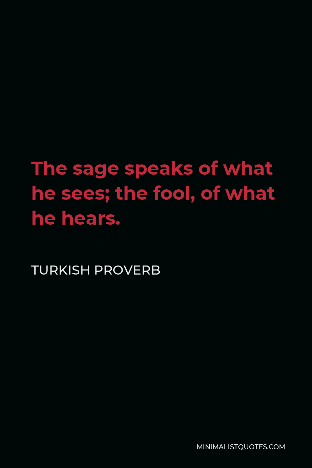 Turkish Proverb Quote - The sage speaks of what he sees; the fool, of what he hears.