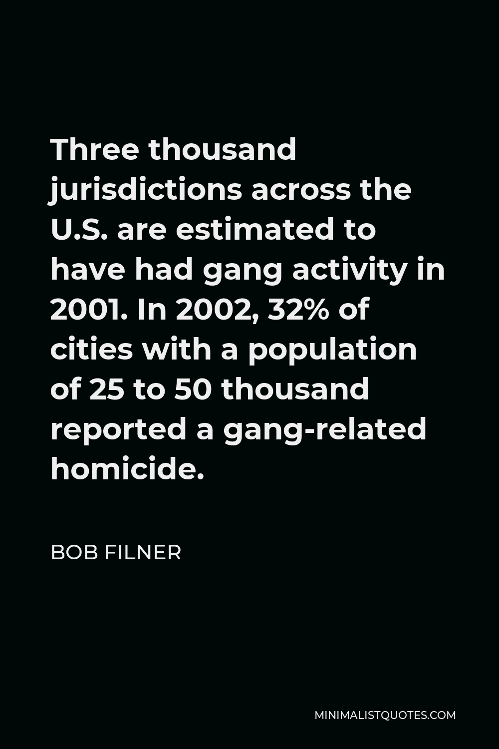 Bob Filner Quote - Three thousand jurisdictions across the U.S. are estimated to have had gang activity in 2001. In 2002, 32% of cities with a population of 25 to 50 thousand reported a gang-related homicide.