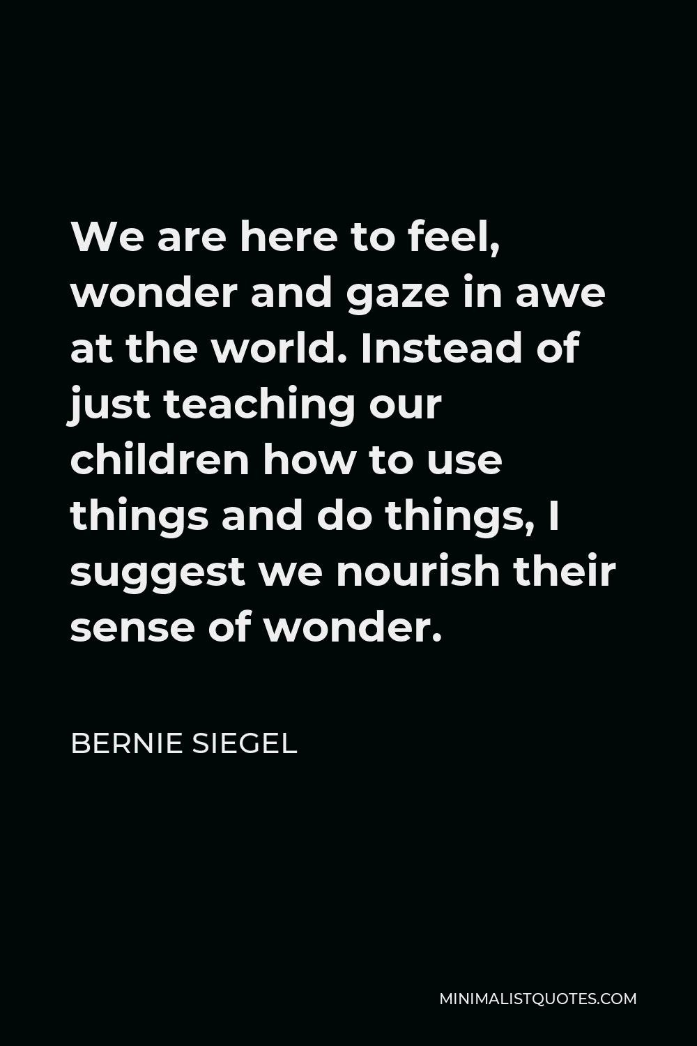 Bernie Siegel Quote - We are here to feel, wonder and gaze in awe at the world. Instead of just teaching our children how to use things and do things, I suggest we nourish their sense of wonder.
