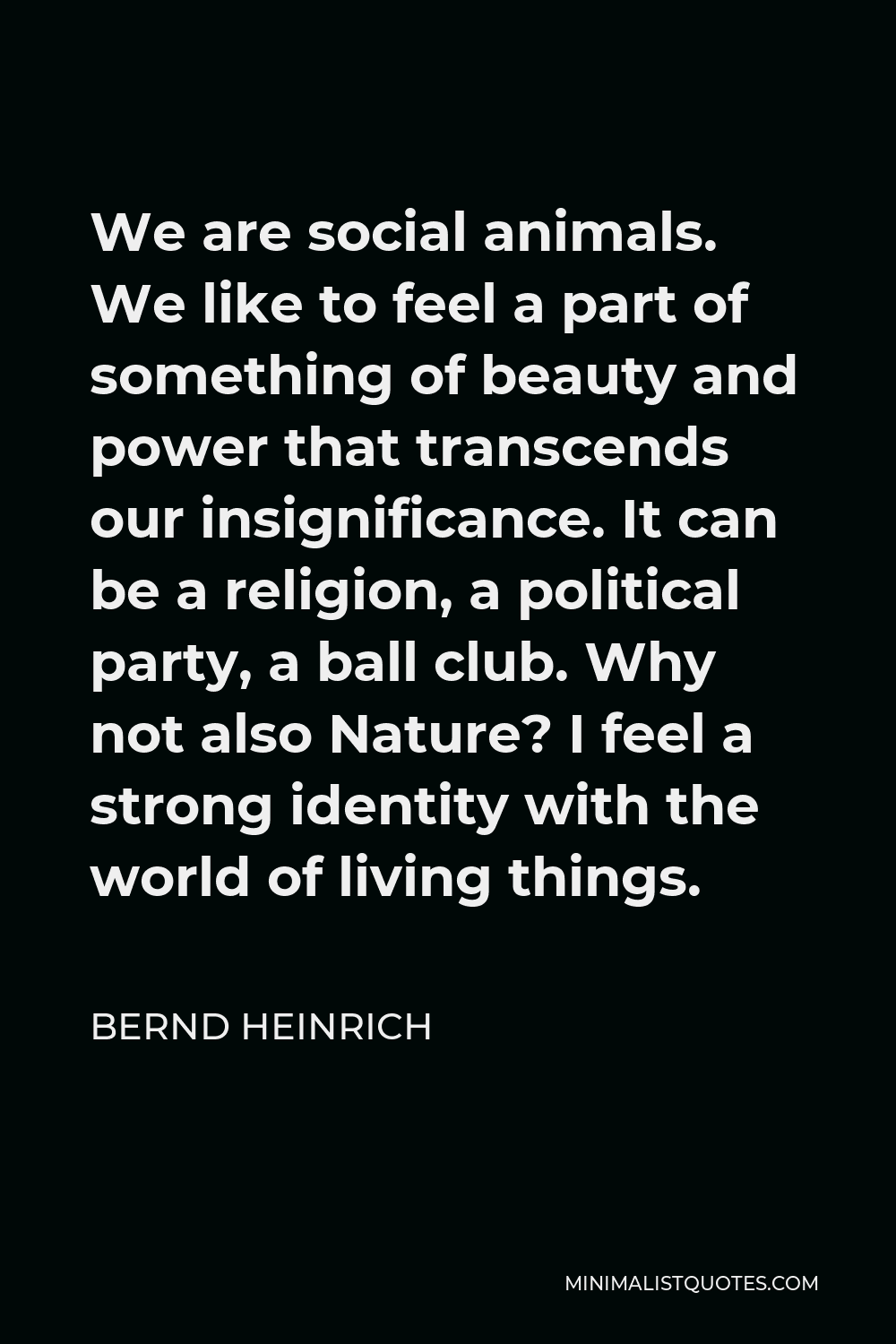 Bernd Heinrich Quote - We are social animals. We like to feel a part of something of beauty and power that transcends our insignificance. It can be a religion, a political party, a ball club. Why not also Nature? I feel a strong identity with the world of living things.