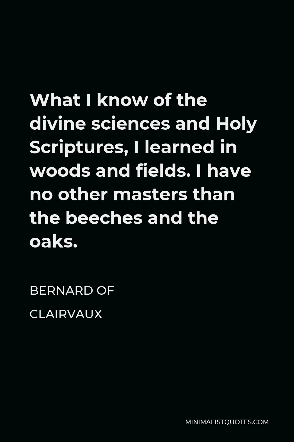 Bernard of Clairvaux Quote - What I know of the divine sciences and Holy Scriptures, I learned in woods and fields. I have no other masters than the beeches and the oaks.