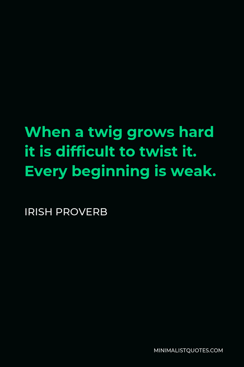 Irish Proverb Quote - When a twig grows hard it is difficult to twist it. Every beginning is weak.