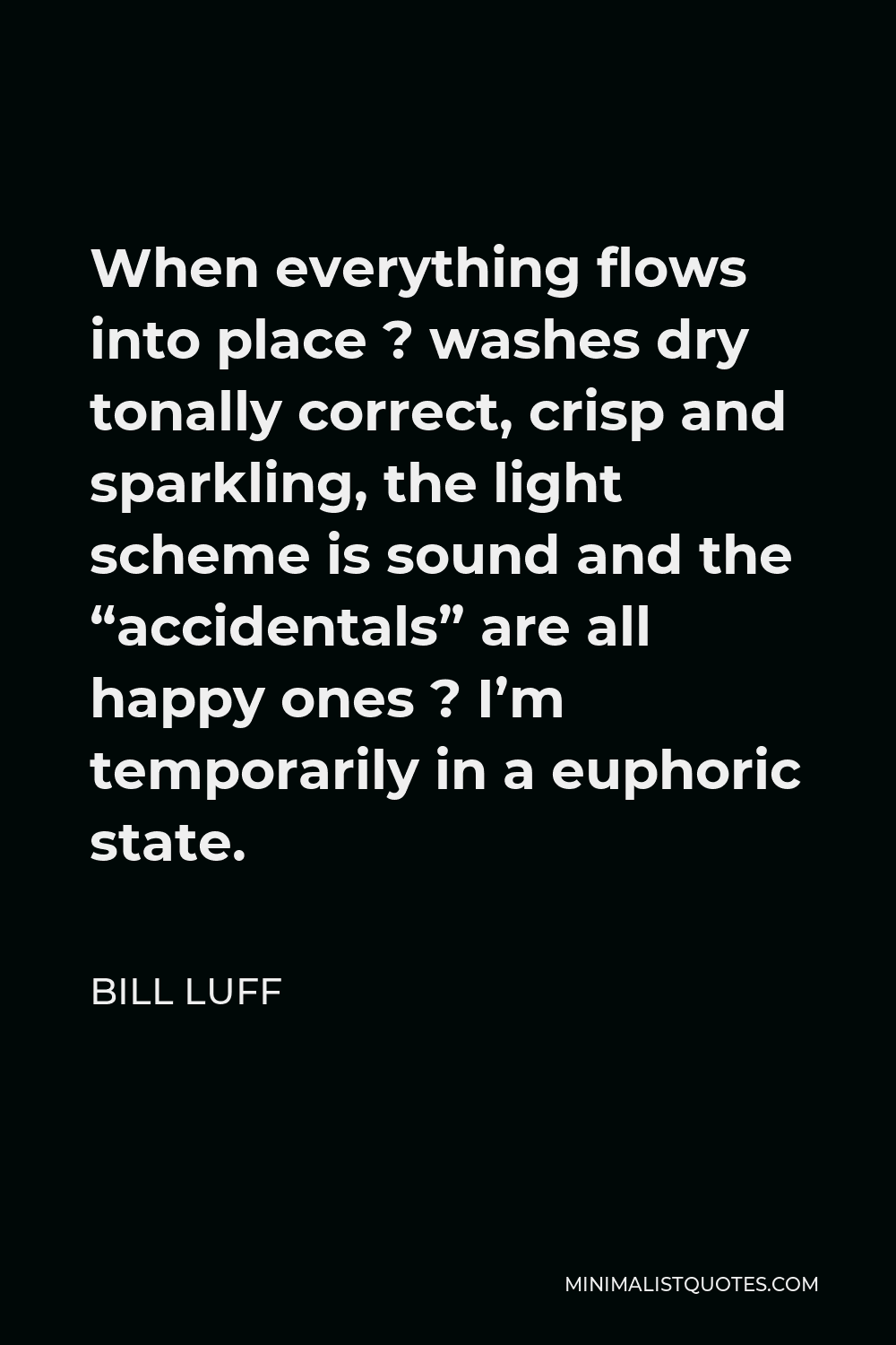 Bill Luff Quote - When everything flows into place ? washes dry tonally correct, crisp and sparkling, the light scheme is sound and the “accidentals” are all happy ones ? I’m temporarily in a euphoric state.