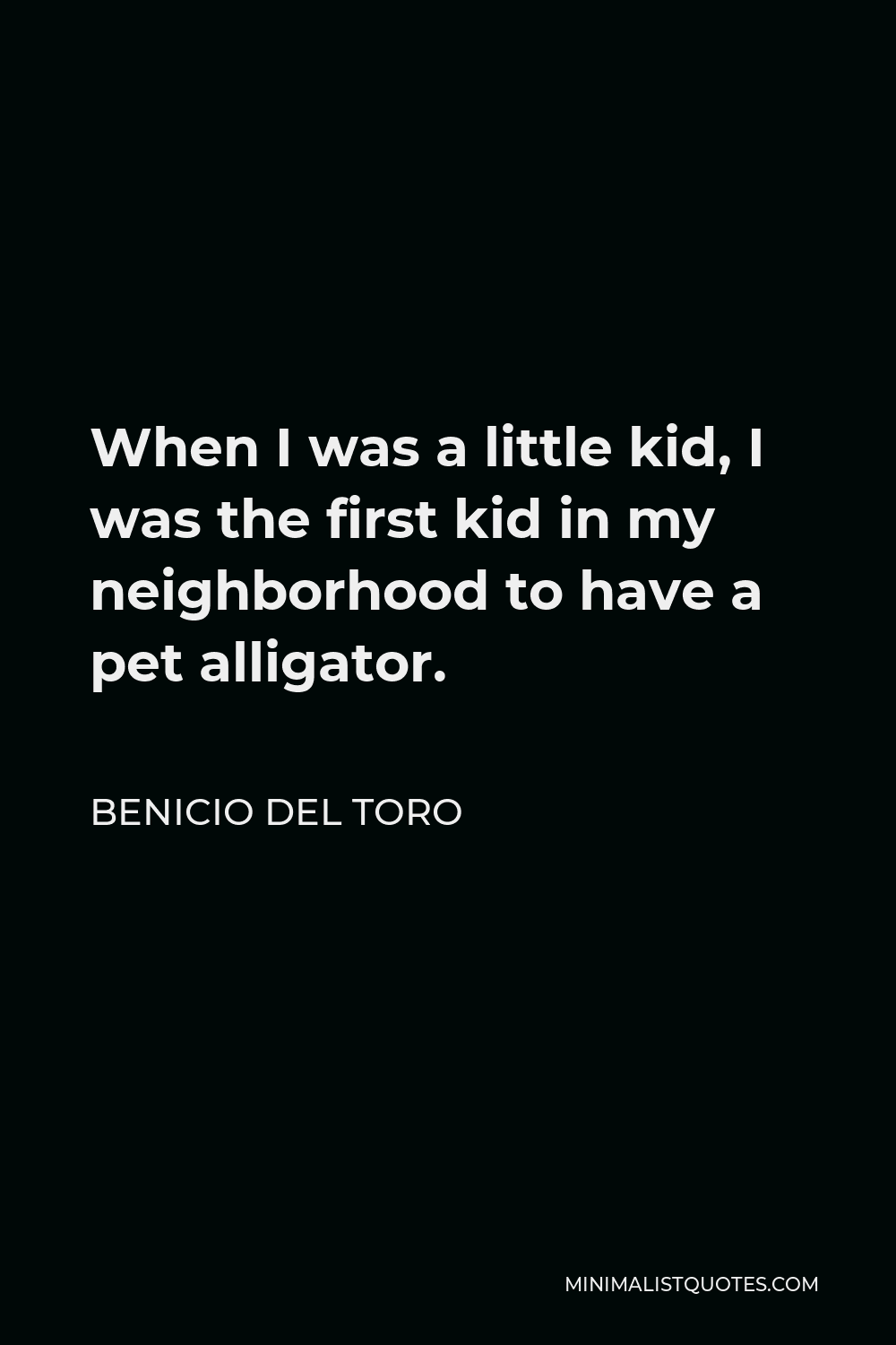 Benicio Del Toro Quote - When I was a little kid, I was the first kid in my neighborhood to have a pet alligator.