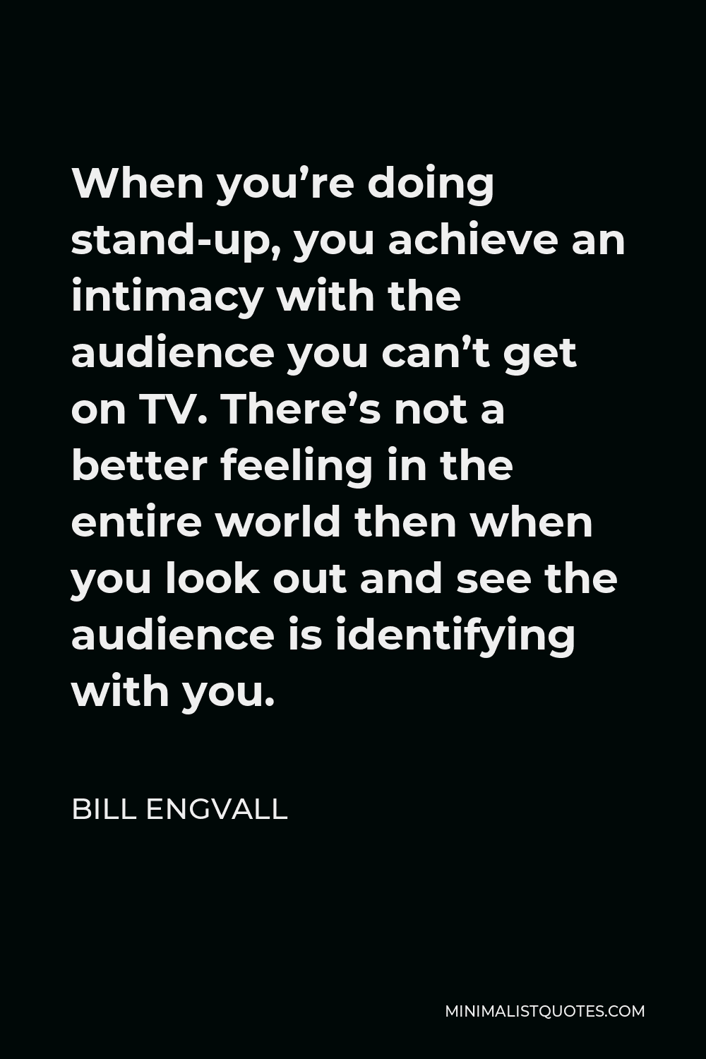 Bill Engvall Quote - When you’re doing stand-up, you achieve an intimacy with the audience you can’t get on TV. There’s not a better feeling in the entire world then when you look out and see the audience is identifying with you.