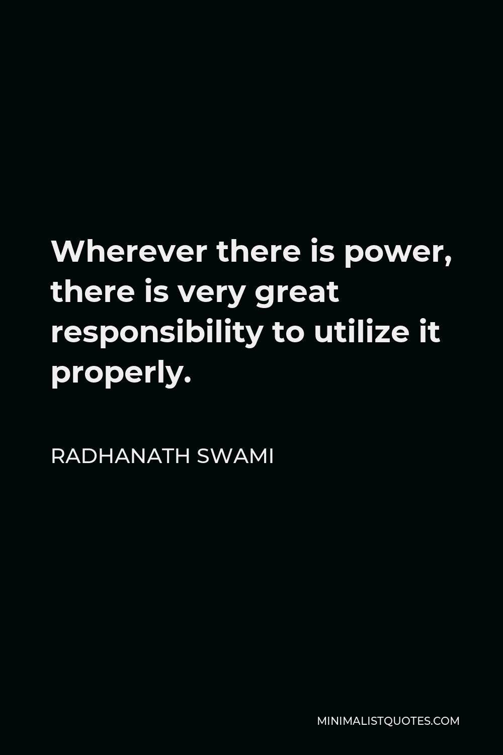 Radhanath Swami Quote - Wherever there is power, there is very great responsibility to utilize it properly.
