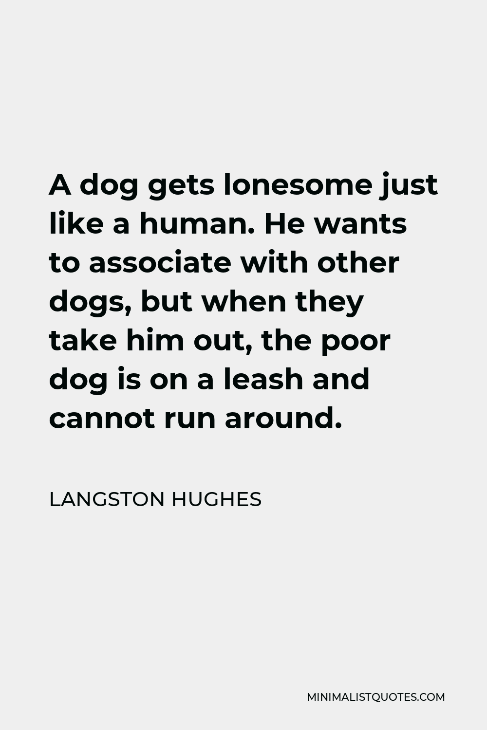 Langston Hughes Quote - A dog gets lonesome just like a human. He wants to associate with other dogs, but when they take him out, the poor dog is on a leash and cannot run around.