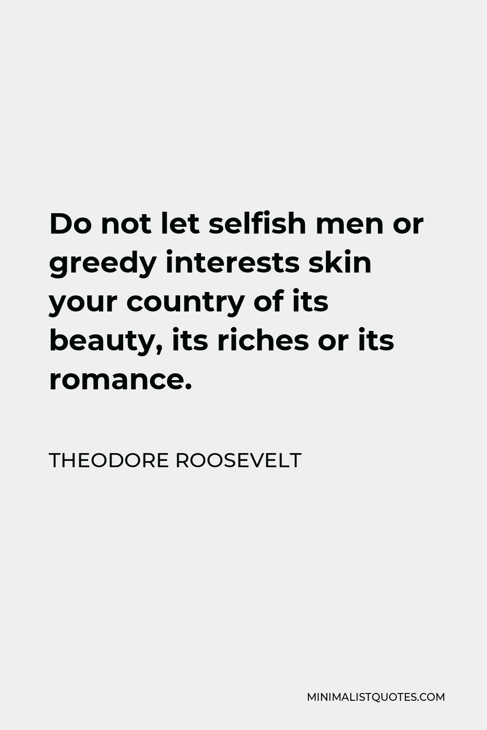 Theodore Roosevelt Quote - Do not let selfish men or greedy interests skin your country of its beauty, its riches or its romance.