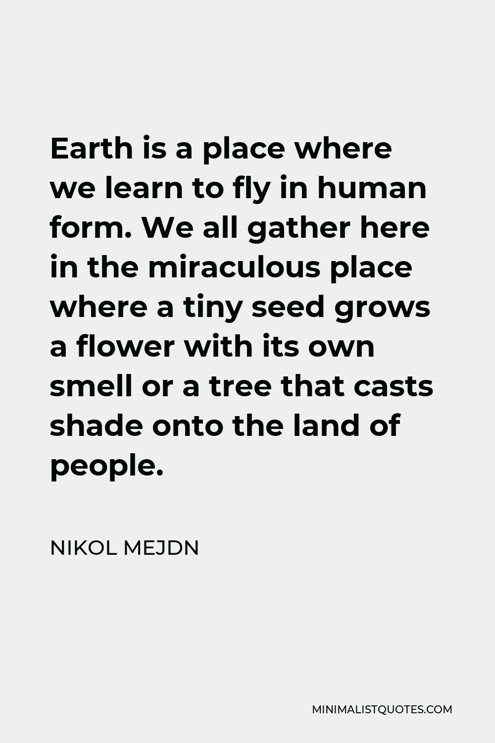 Nikol Mejdn Quote - Earth is a place where we learn to fly in human form. We all gather here in the miraculous place where a tiny seed grows a flower with its own smell or a tree that casts shade onto the land of people.