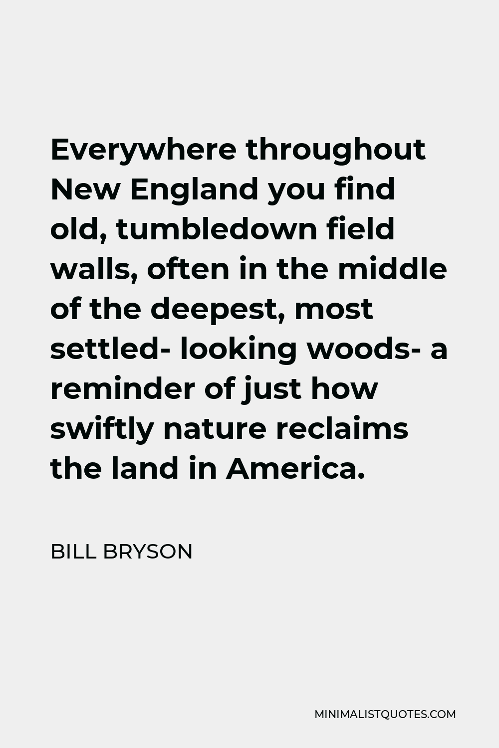 Bill Bryson Quote - Everywhere throughout New England you find old, tumbledown field walls, often in the middle of the deepest, most settled- looking woods- a reminder of just how swiftly nature reclaims the land in America.