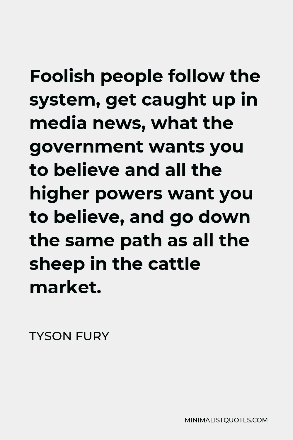 Tyson Fury Quote - Foolish people follow the system, get caught up in media news, what the government wants you to believe and all the higher powers want you to believe, and go down the same path as all the sheep in the cattle market.