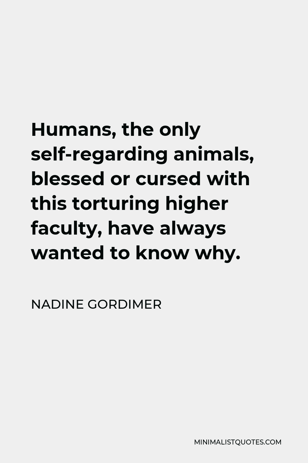 Nadine Gordimer Quote - Humans, the only self-regarding animals, blessed or cursed with this torturing higher faculty, have always wanted to know why.