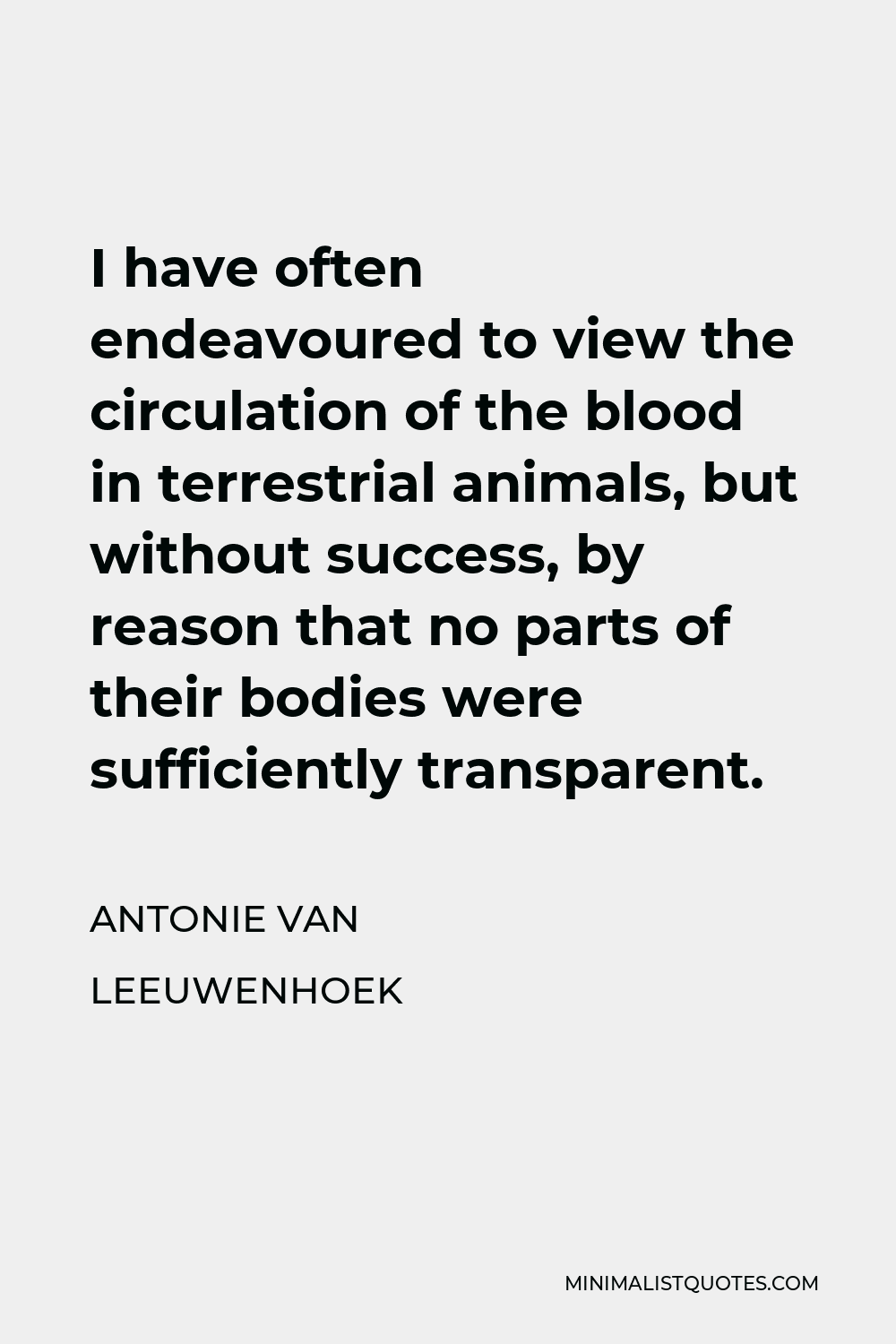 Antonie van Leeuwenhoek Quote - I have often endeavoured to view the circulation of the blood in terrestrial animals, but without success, by reason that no parts of their bodies were sufficiently transparent.