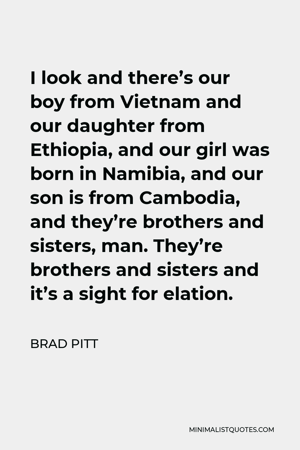 Brad Pitt Quote - I look and there’s our boy from Vietnam and our daughter from Ethiopia, and our girl was born in Namibia, and our son is from Cambodia, and they’re brothers and sisters, man. They’re brothers and sisters and it’s a sight for elation.
