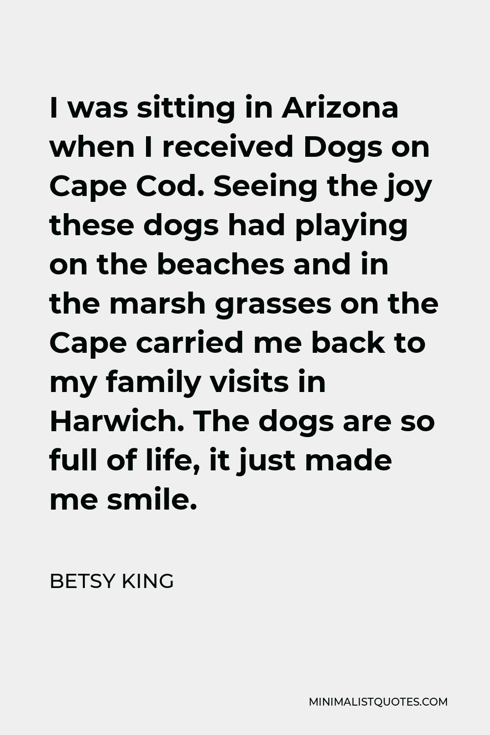 Betsy King Quote - I was sitting in Arizona when I received Dogs on Cape Cod. Seeing the joy these dogs had playing on the beaches and in the marsh grasses on the Cape carried me back to my family visits in Harwich. The dogs are so full of life, it just made me smile.