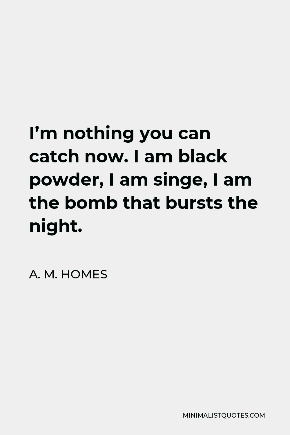 A. M. Homes Quote - I’m nothing you can catch now. I am black powder, I am singe, I am the bomb that bursts the night.