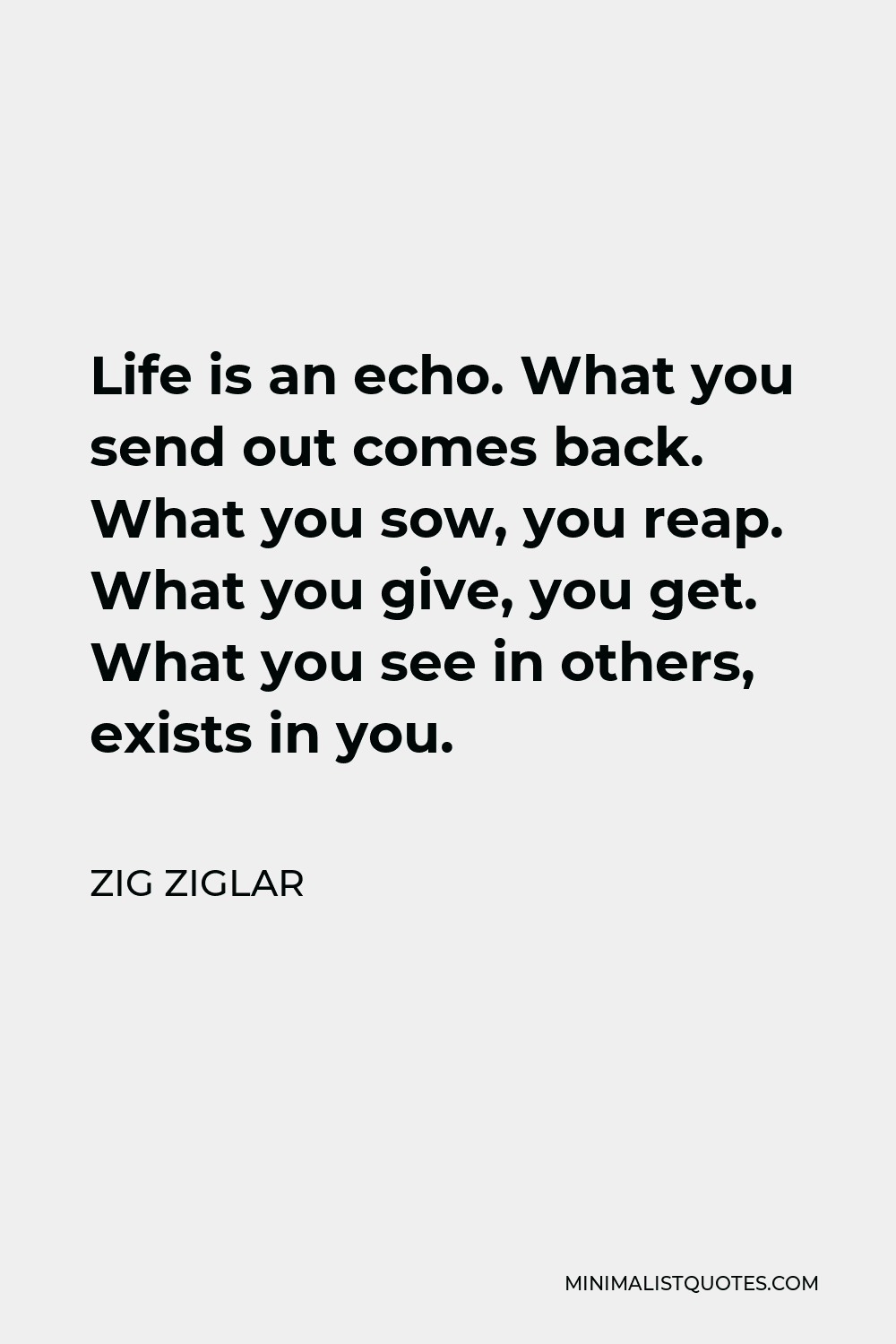 Zig Ziglar Quote - Life is an echo. What you send out comes back. What you sow, you reap. What you give, you get. What you see in others, exists in you.