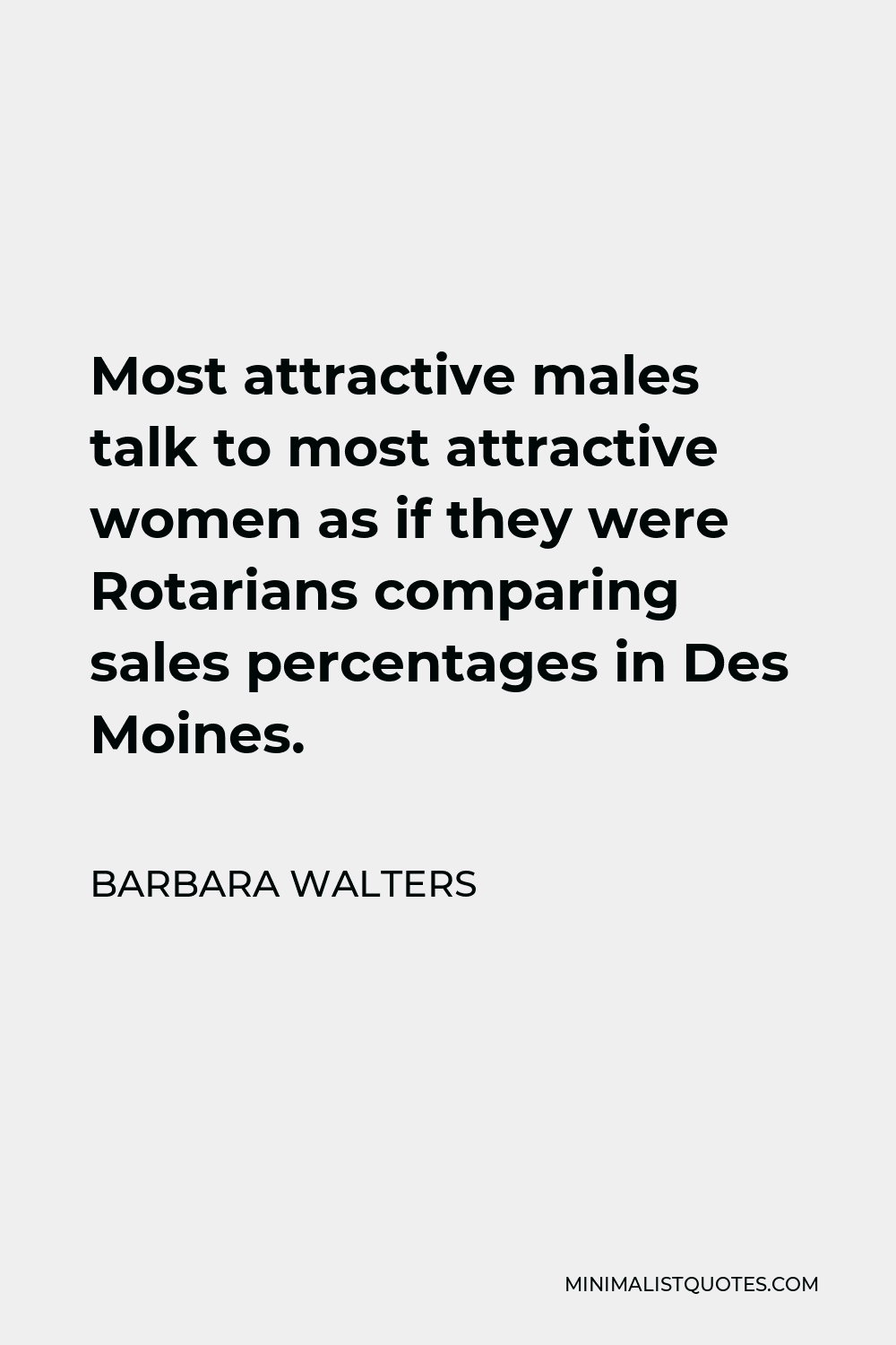 Barbara Walters Quote - Most attractive males talk to most attractive women as if they were Rotarians comparing sales percentages in Des Moines.