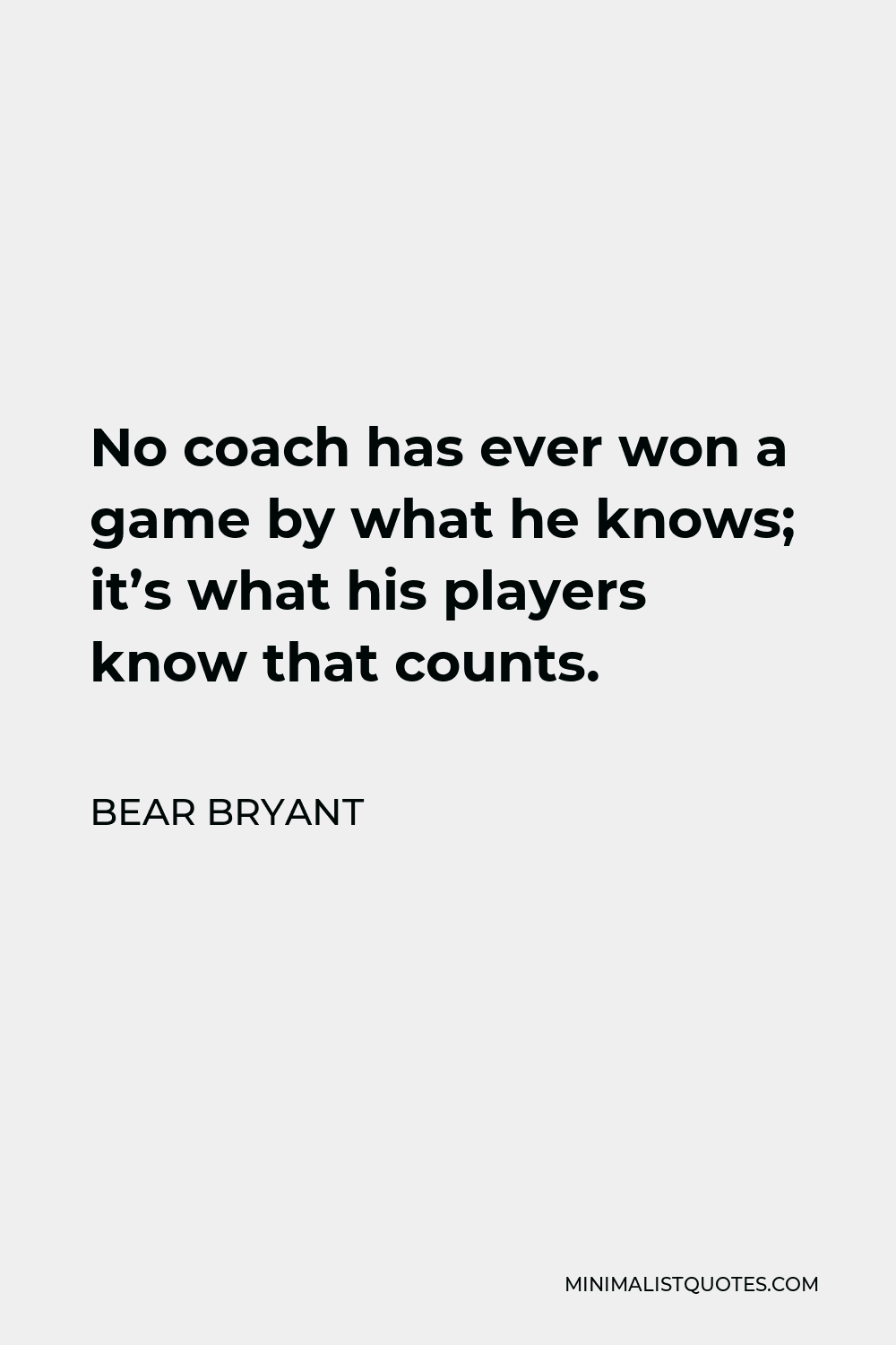 Bear Bryant Quote - No coach has ever won a game by what he knows; it’s what his players know that counts.