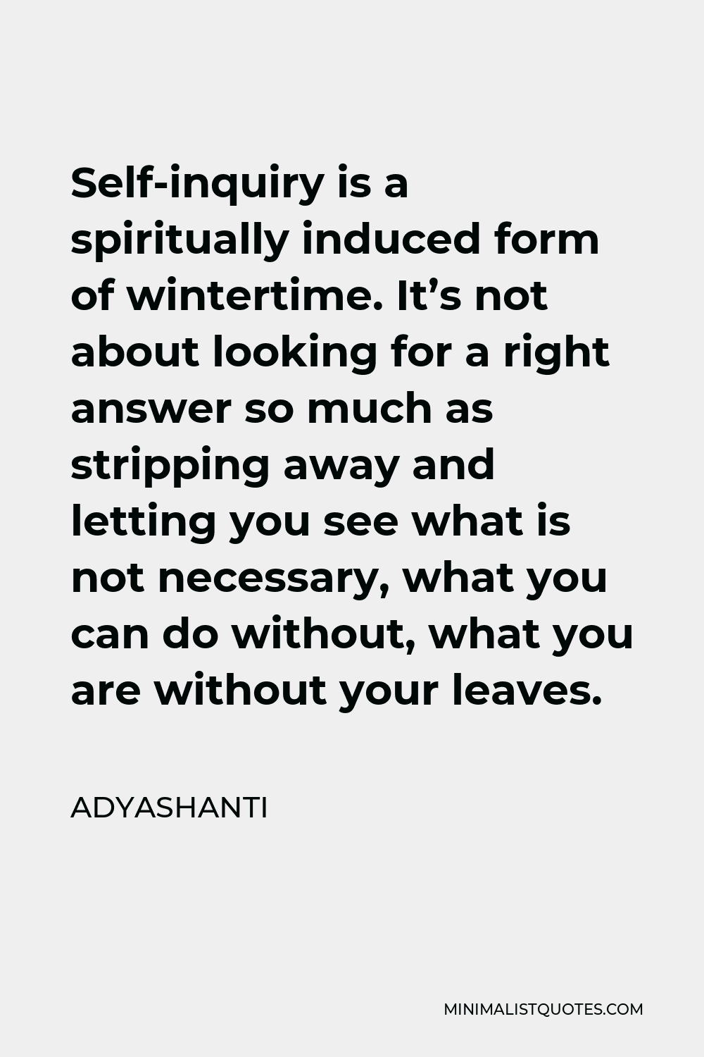 Adyashanti Quote - Self-inquiry is a spiritually induced form of wintertime. It’s not about looking for a right answer so much as stripping away and letting you see what is not necessary, what you can do without, what you are without your leaves.