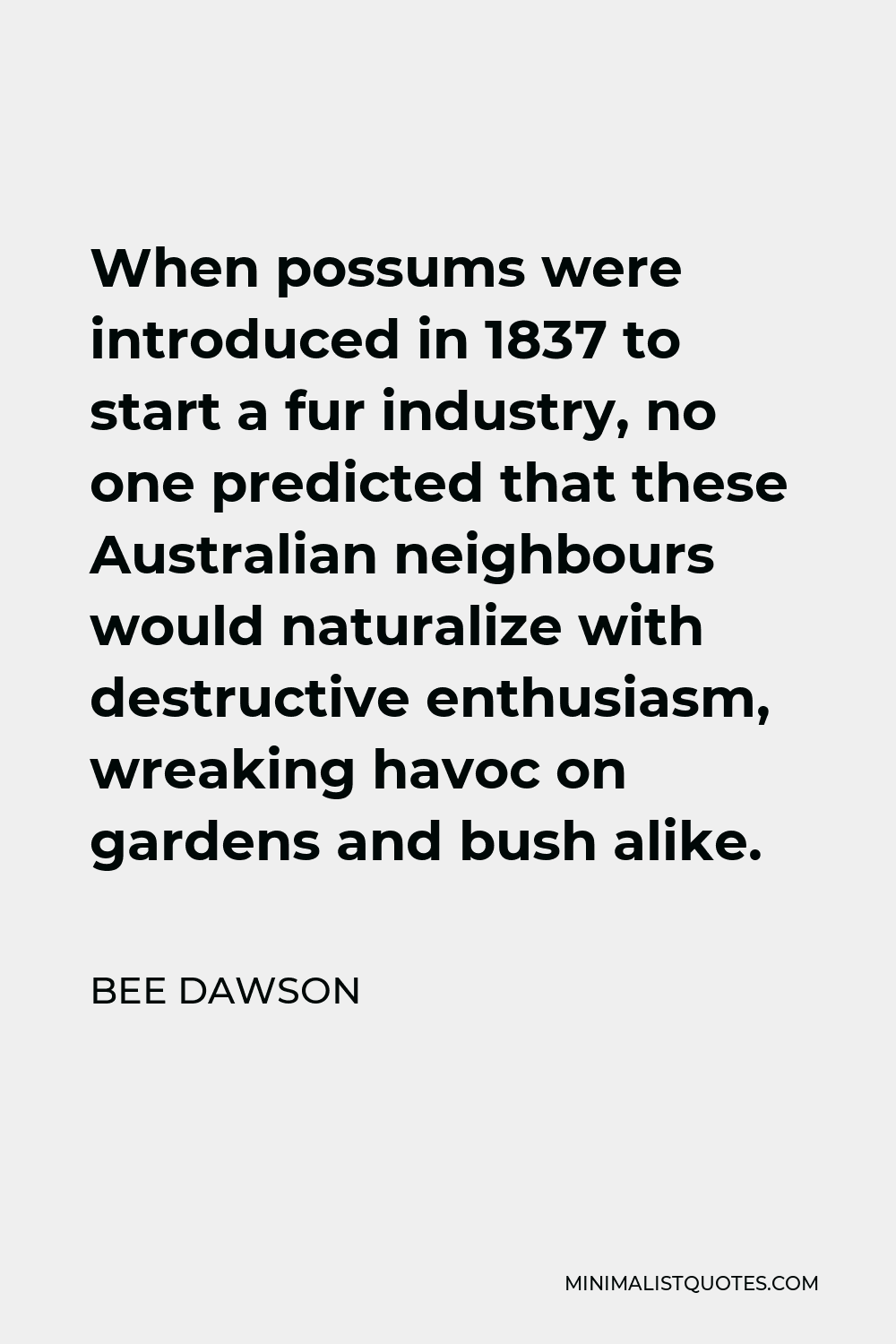 Bee Dawson Quote - When possums were introduced in 1837 to start a fur industry, no one predicted that these Australian neighbours would naturalize with destructive enthusiasm, wreaking havoc on gardens and bush alike.