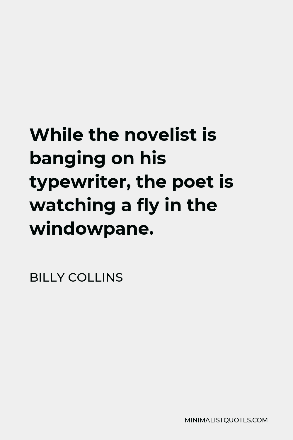 Billy Collins Quote - While the novelist is banging on his typewriter, the poet is watching a fly in the windowpane.