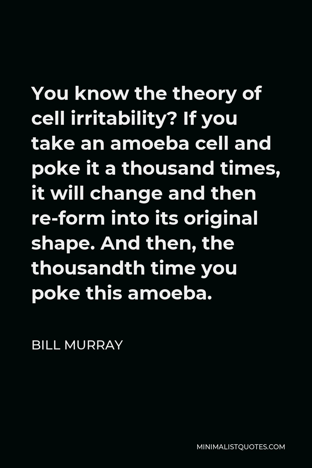 Bill Murray Quote - You know the theory of cell irritability? If you take an amoeba cell and poke it a thousand times, it will change and then re-form into its original shape. And then, the thousandth time you poke this amoeba.