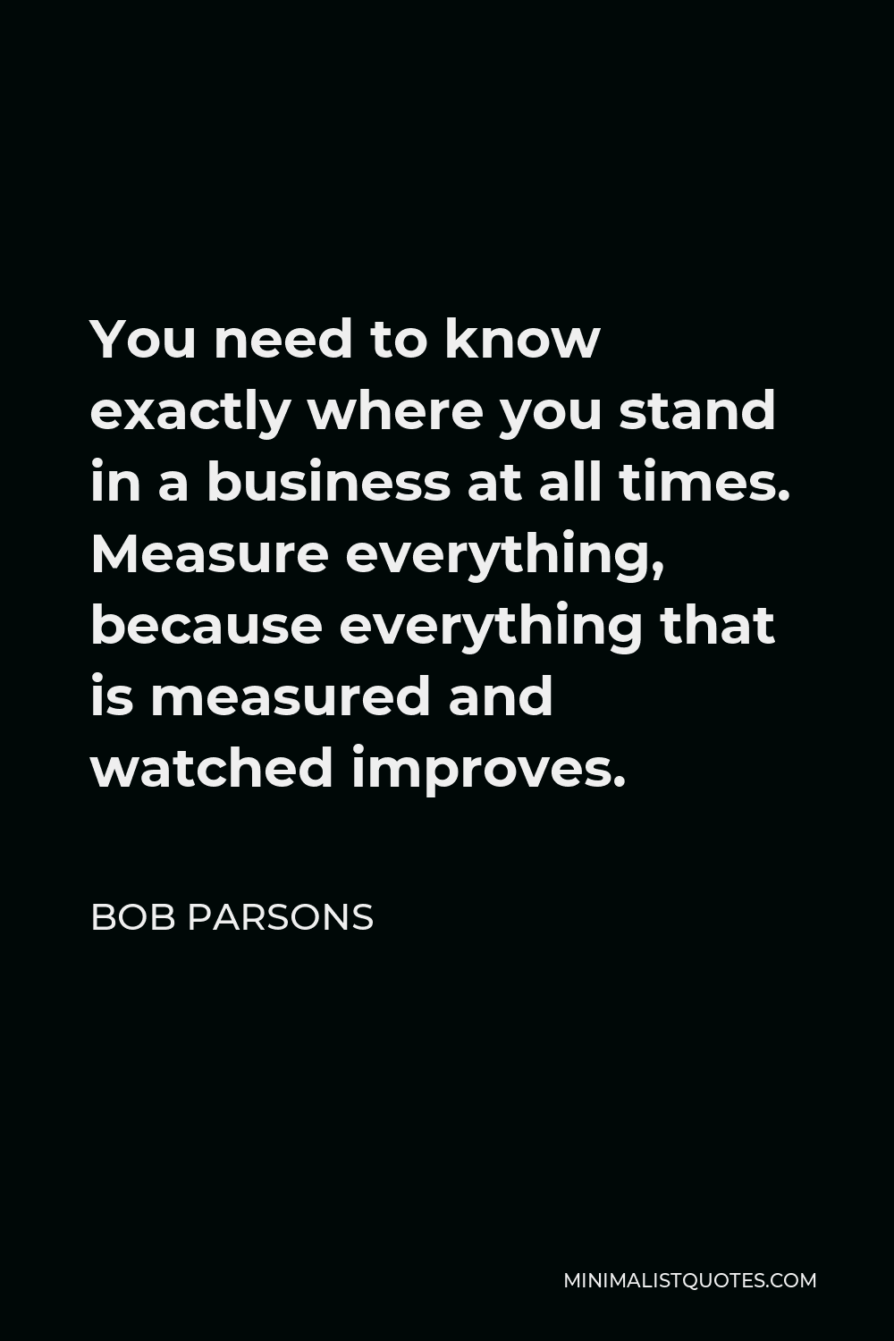 Bob Parsons Quote - You need to know exactly where you stand in a business at all times. Measure everything, because everything that is measured and watched improves.