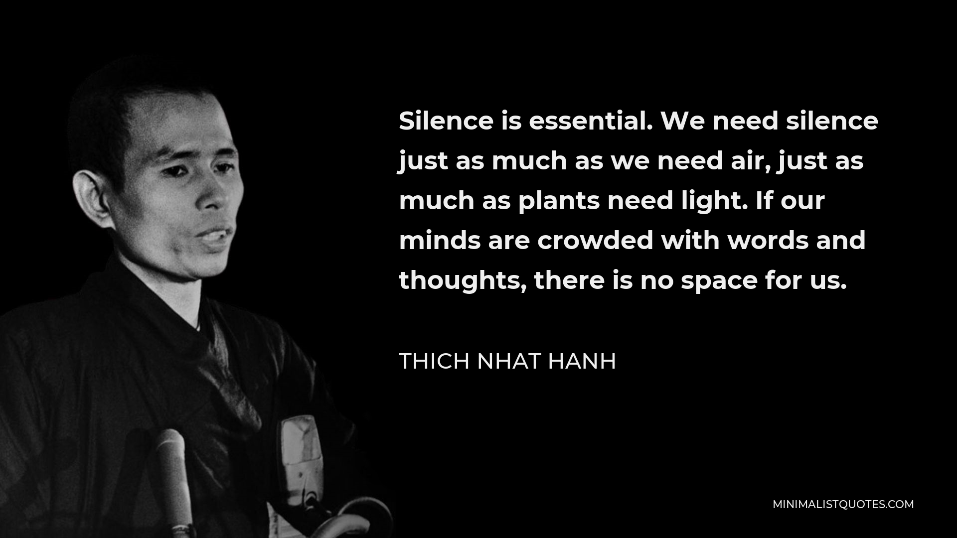 Thich Nhat Hanh Quote - Silence is essential. We need silence just as much as we need air, just as much as plants need light. If our minds are crowded with words and thoughts, there is no space for us.