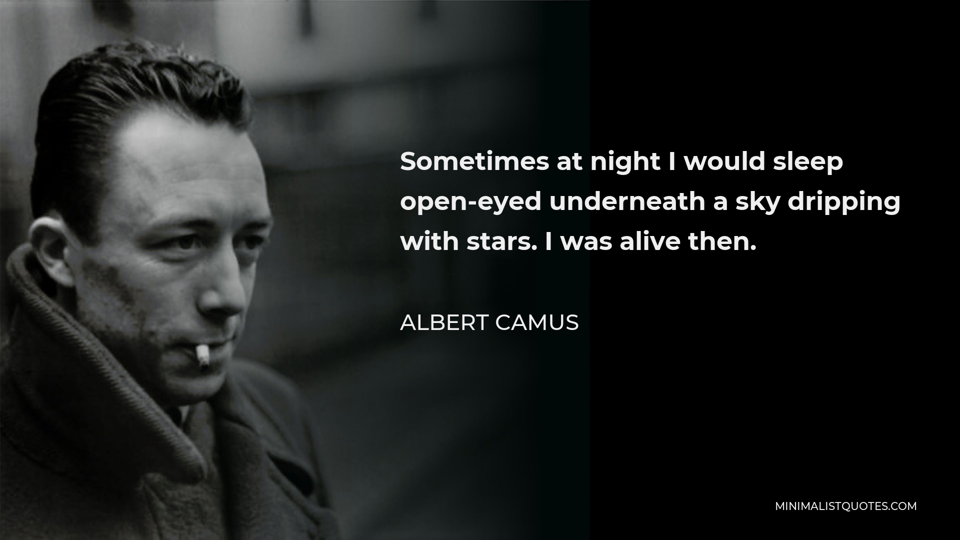 Albert Camus Quote - Sometimes at night I would sleep open-eyed underneath a sky dripping with stars. I was alive then.