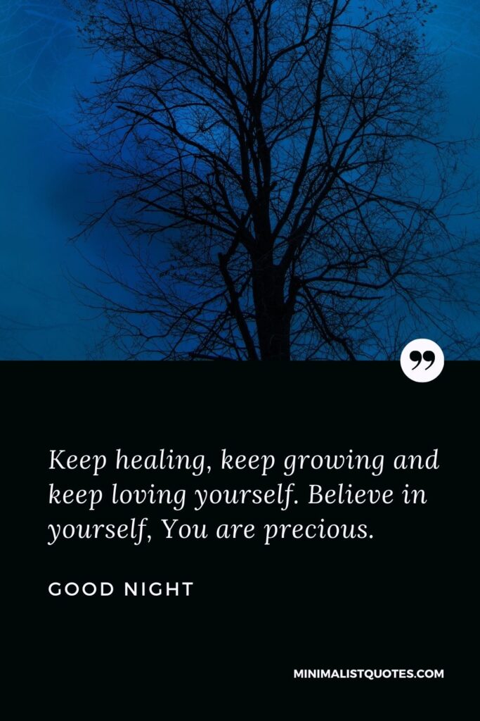 Good Night Wish & Message With Image: Keep healing, keep growing and keep loving yourself. Believe in yourself, You are precious.